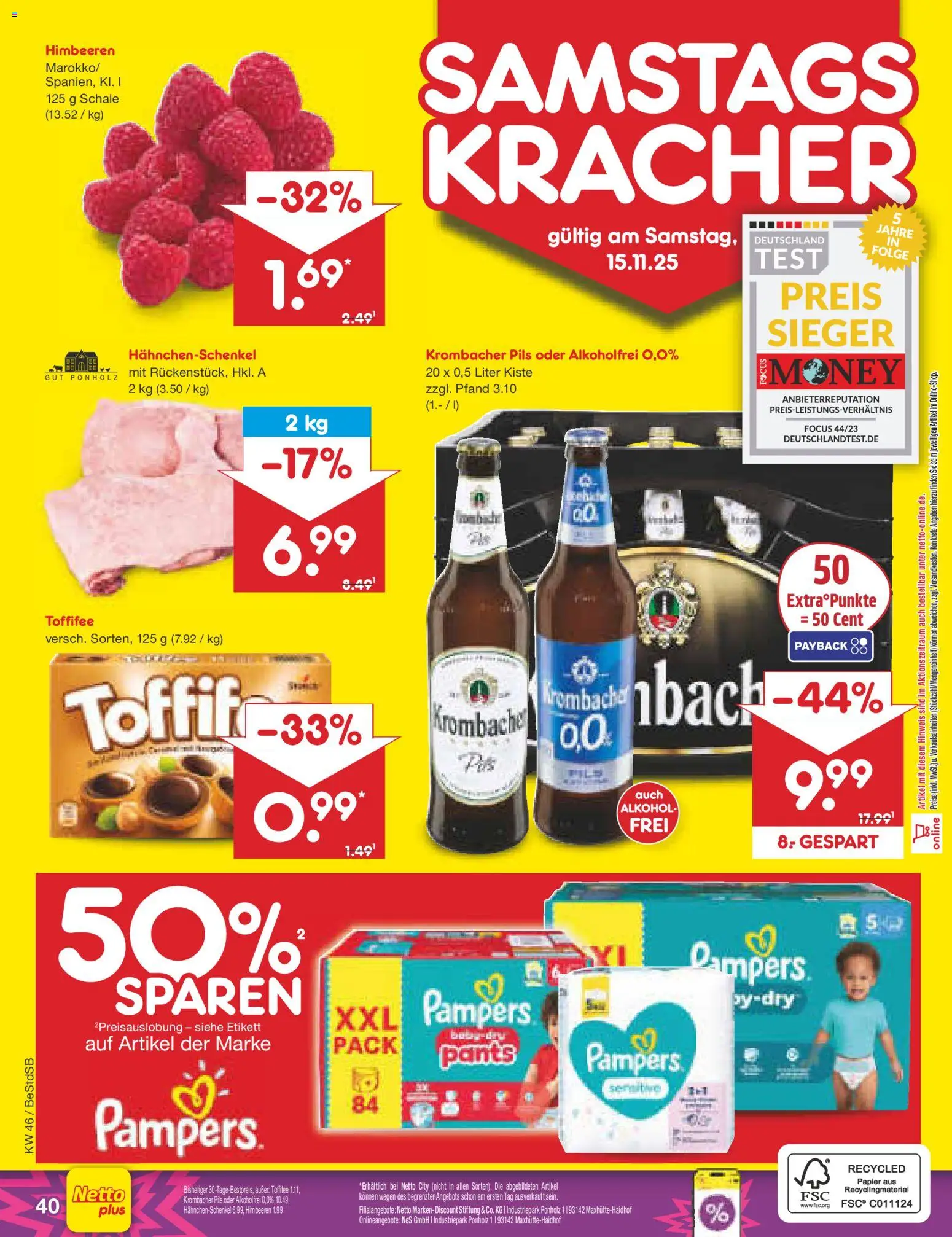 Netto Marken-Discount Prospekt 	 – gültig ab 10.11.2025 | Seite: 48 | Produkte: Himbeeren, Pampers, Toffifee, Krombacher