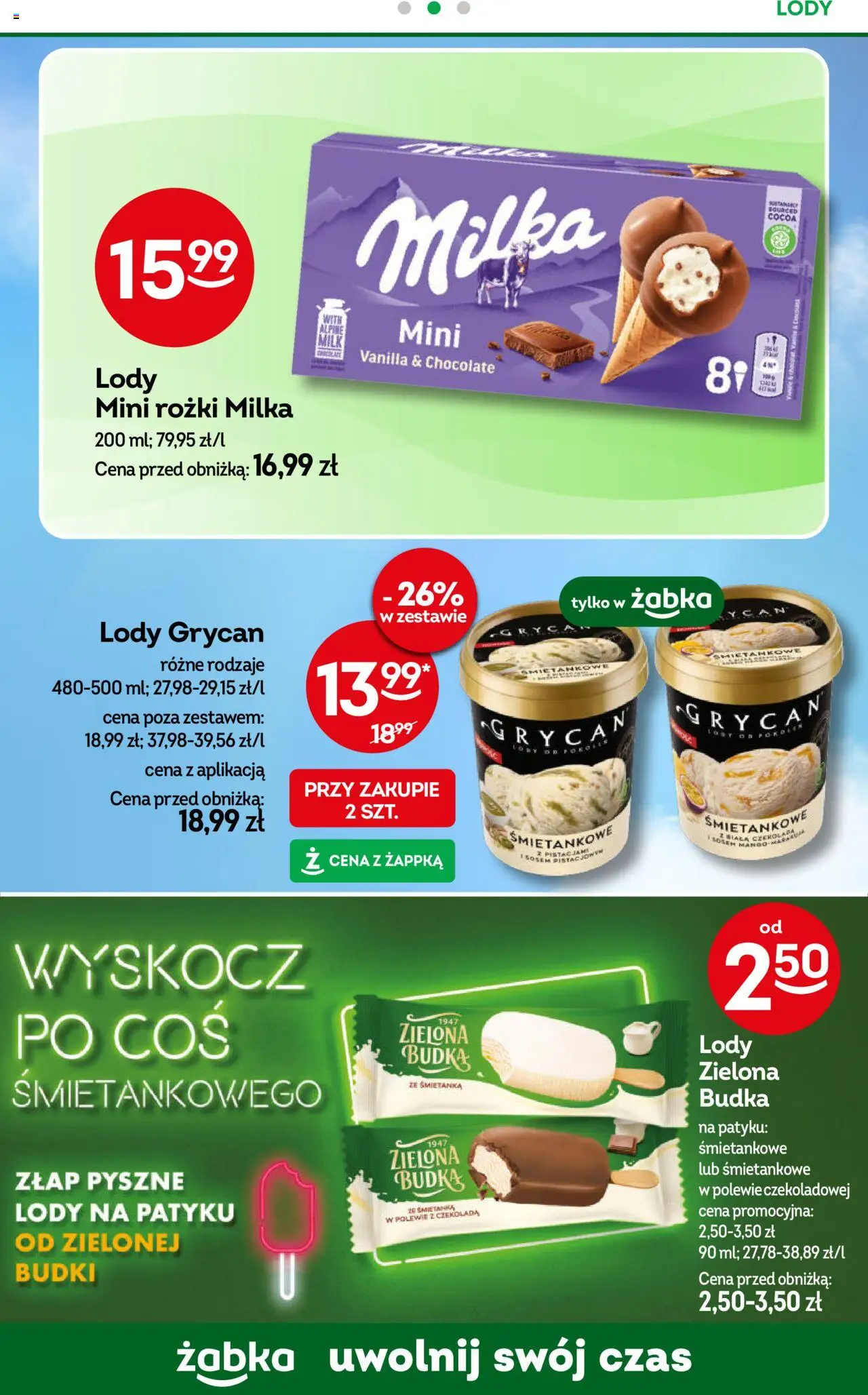 Żabka Gazetka od 08.10.2025 | Strona: 71 | Produkty: Lody Grycan, Milka, Lody, Mini rożki