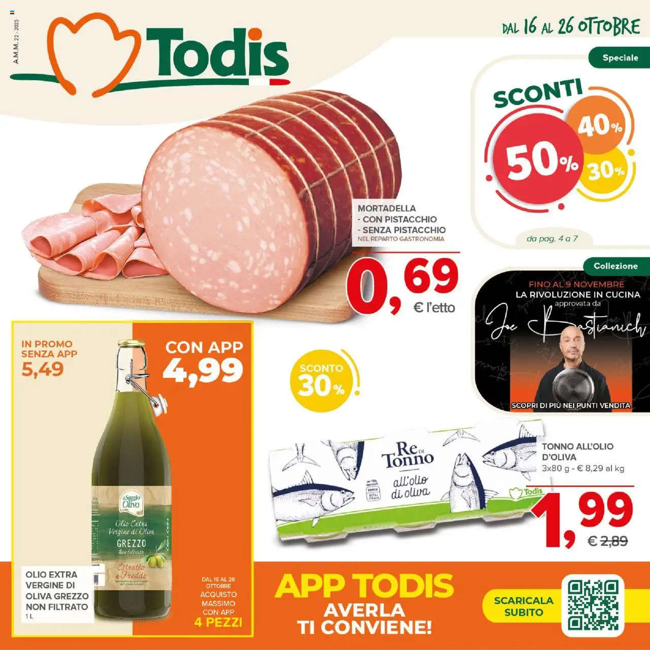 Volantino Todis del 16.10.2025 | Pagina: 1 | Prodotti: Olio, Tonno, Mortadella, Olio extra vergine