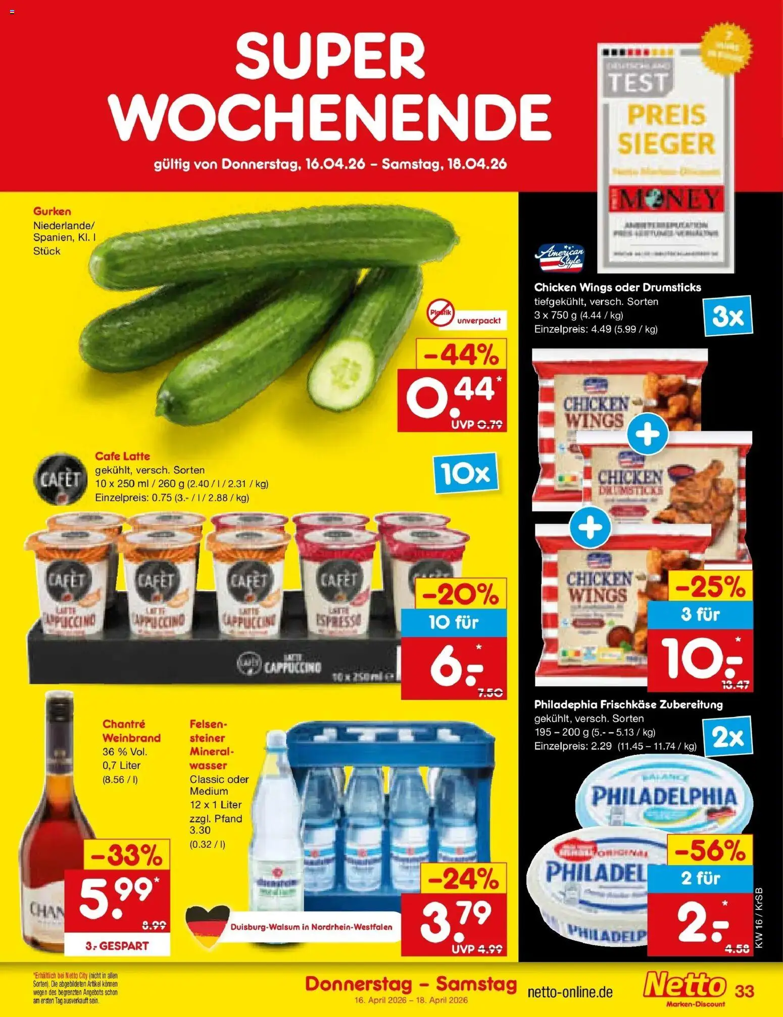 Netto Marken-Discount Prospekt Jüchen	 – gültig ab 13.04.2026 | Seite: 36 | Produkte: Philadelphia, Wasser, Chantré, Gurken