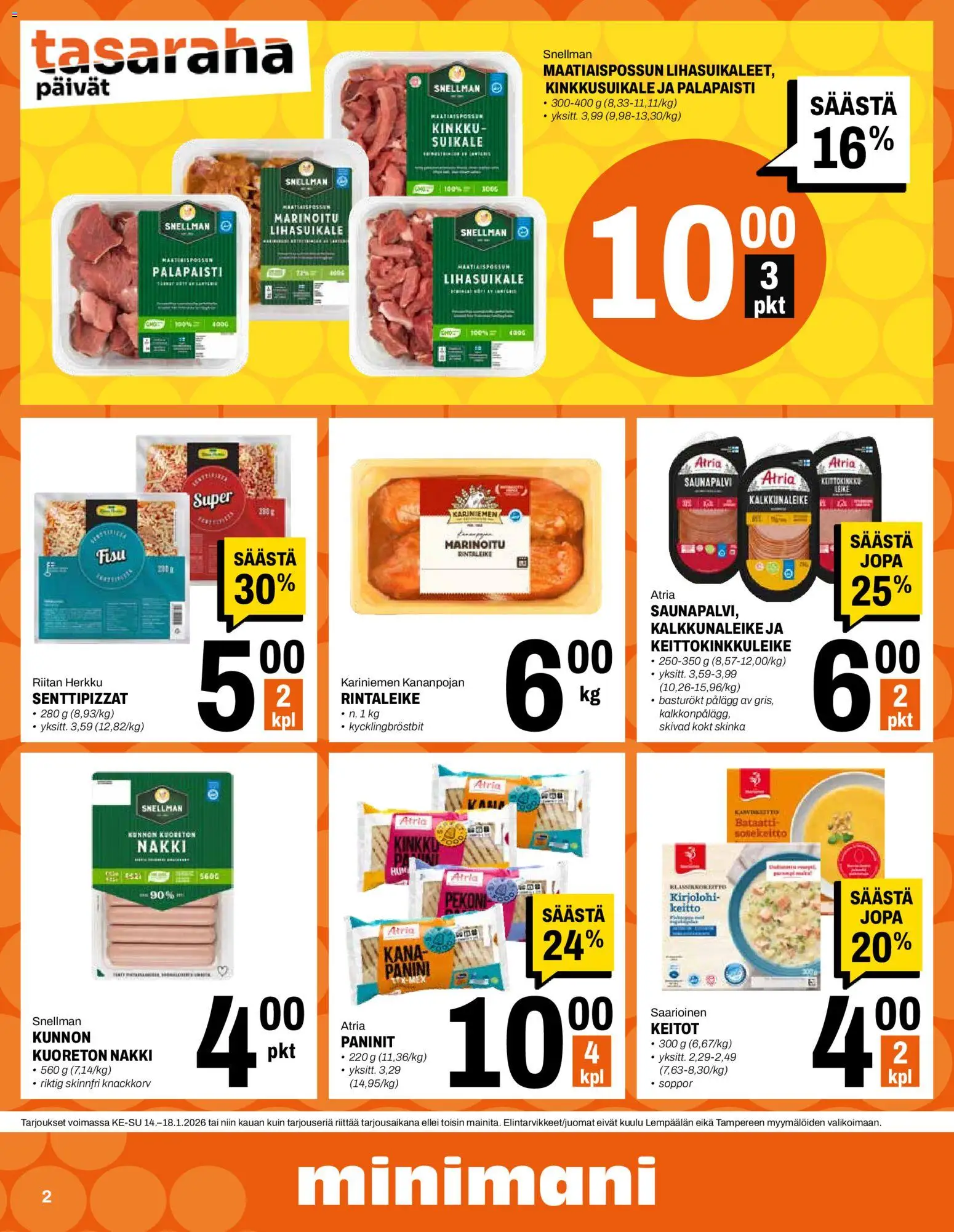 Minimani tarjoukset – voimassa 14.01.2026 alkaen | Sivu: 2 | Tuotteet: Kirjolohi, Kana, Keitto, Pekoni