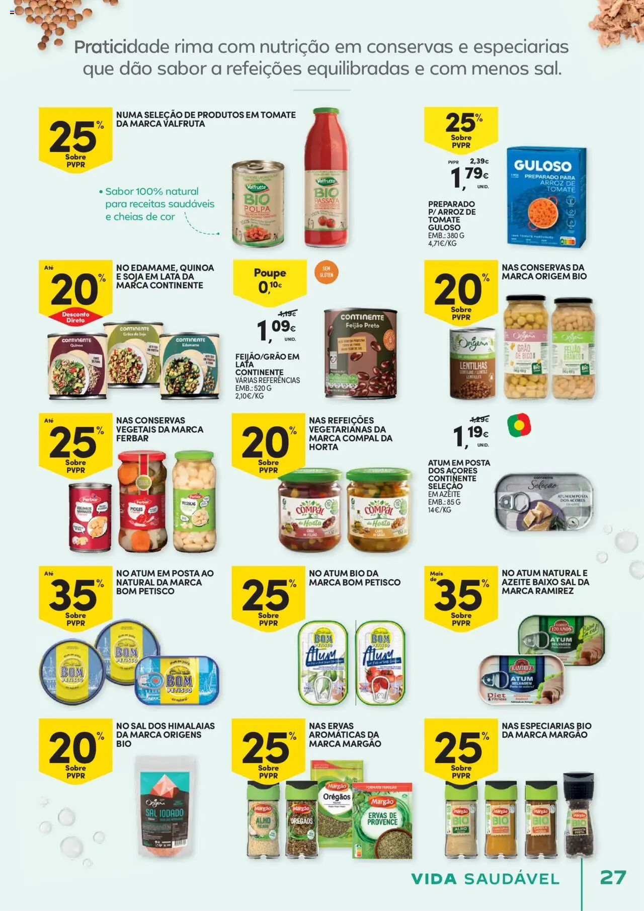Continente - Vida Saudável: É de quem quer comer bem sem ginástica na carteira │ válido de 21.10.2025 | Página: 27 | Produtos: Atum, Azeite, Edamame, Quinoa