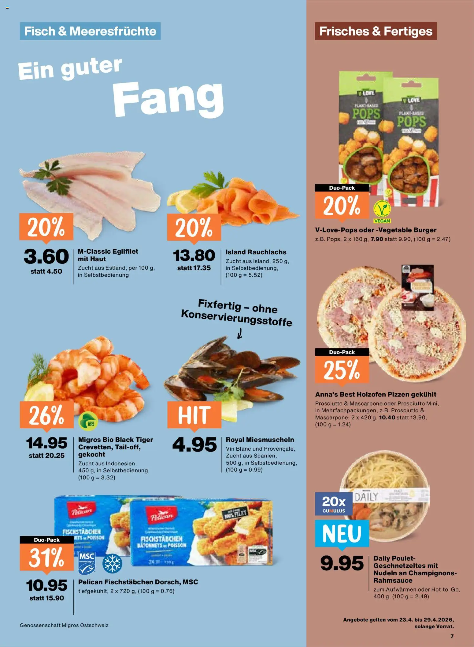 Migros aktionen – gültig ab 23.04.2026 | Seite: 7 | Produkte: Mascarpone, Pizza, Nudeln, Meeresfrüchte