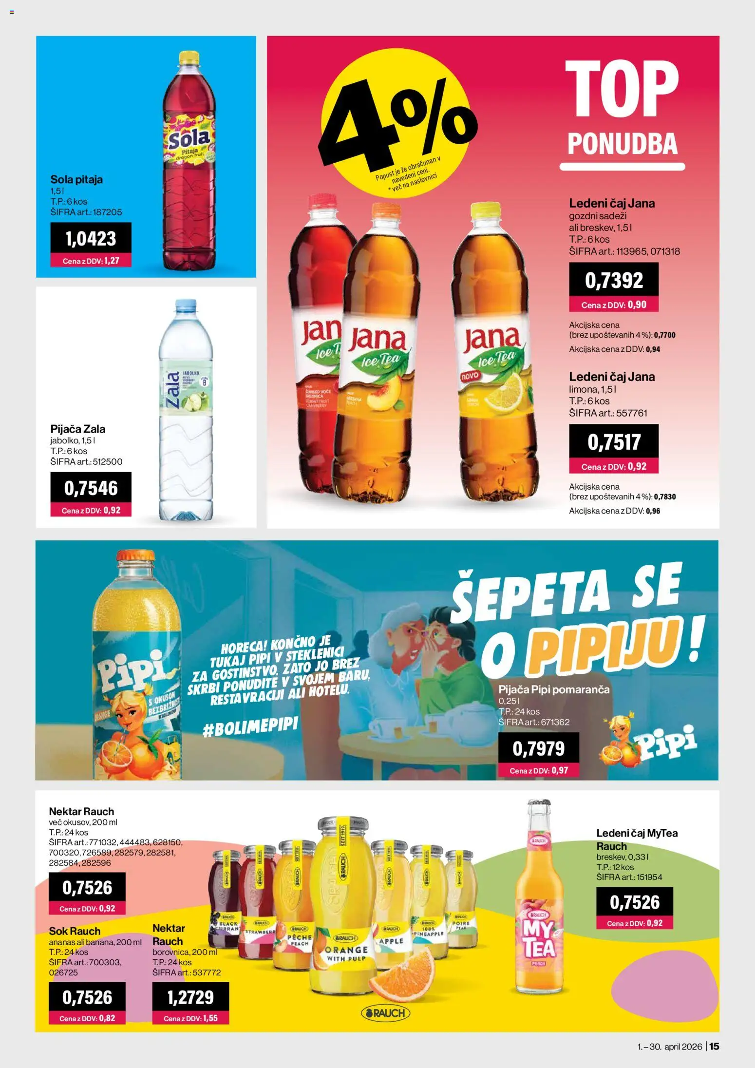 Novi Mercator katalog ponudbe – veljaven od 01.04.2026 | Stran: 15 | Izdelki: Kos, Ledeni čaj, Sok, Pitaja