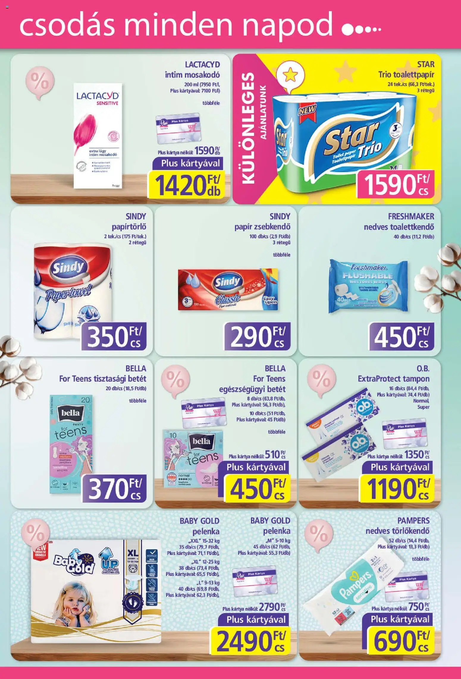 Plus Market akciós ujság - amely érvényes a következő dátumtól: 22.01.2026 | Oldal: 5 | Termékek: Papírtörlő, Törlőkendő, Tisztasági betét, Pelenka