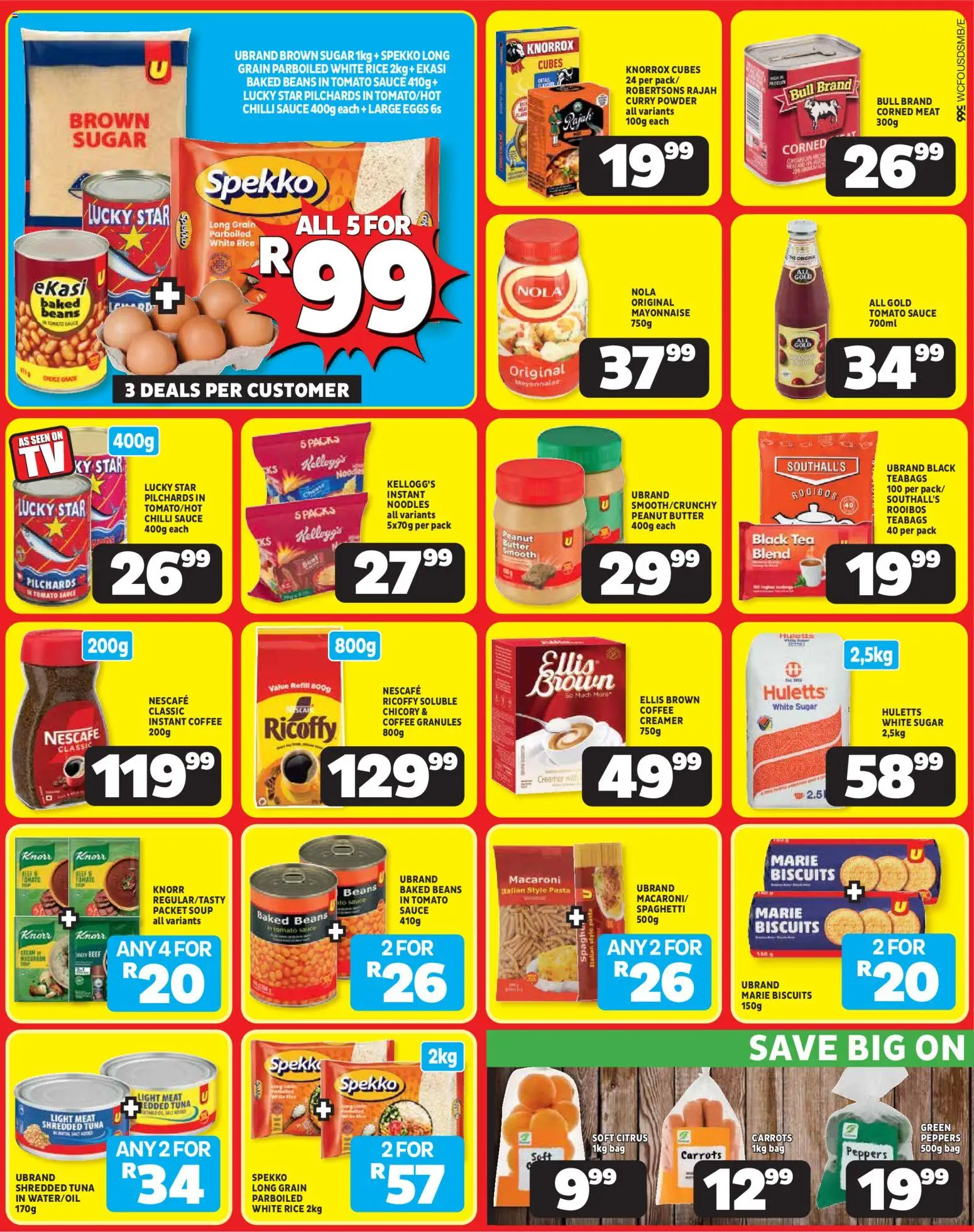 New Usave catalogue – valid from 20.04.2026 | Page: 2 | Products: Corned meat, Biscuits, Rice, Sugar