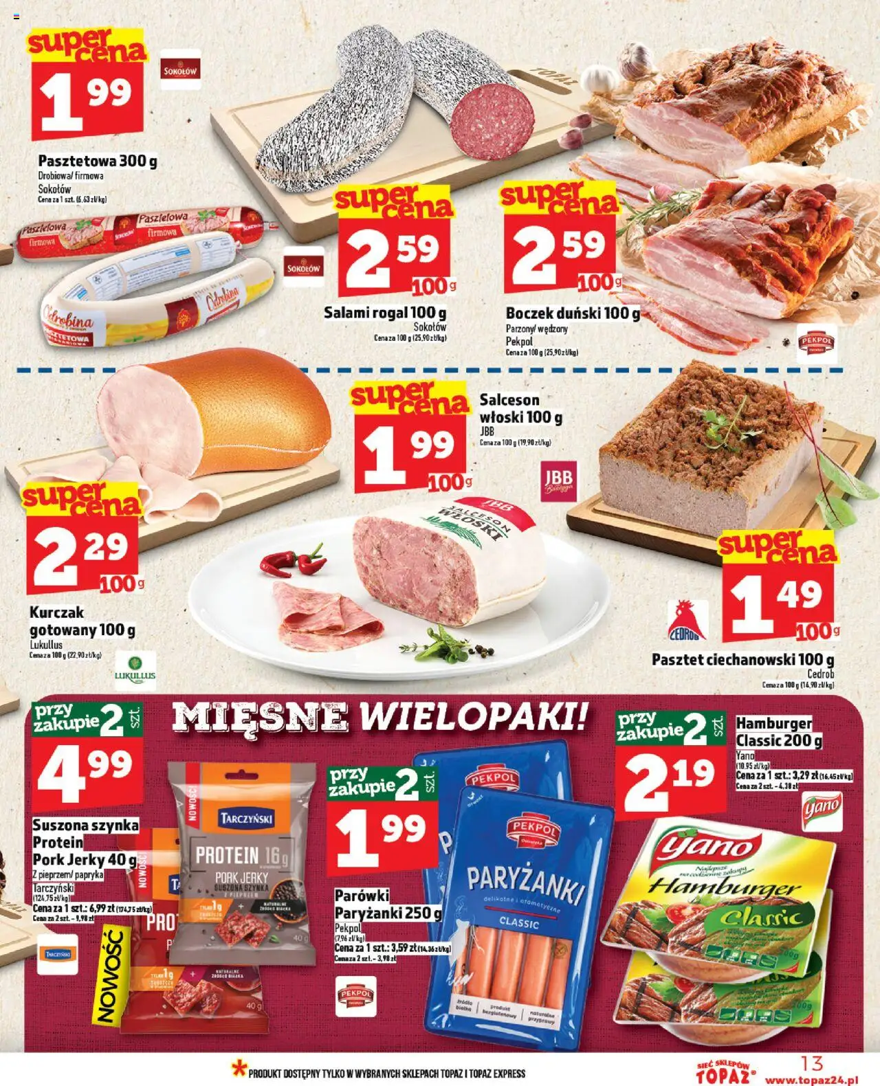 Topaz Gazetka od 07.08.2025 | Strona: 13 | Produkty: Kurczak, Hamburger, Papryka, Boczek