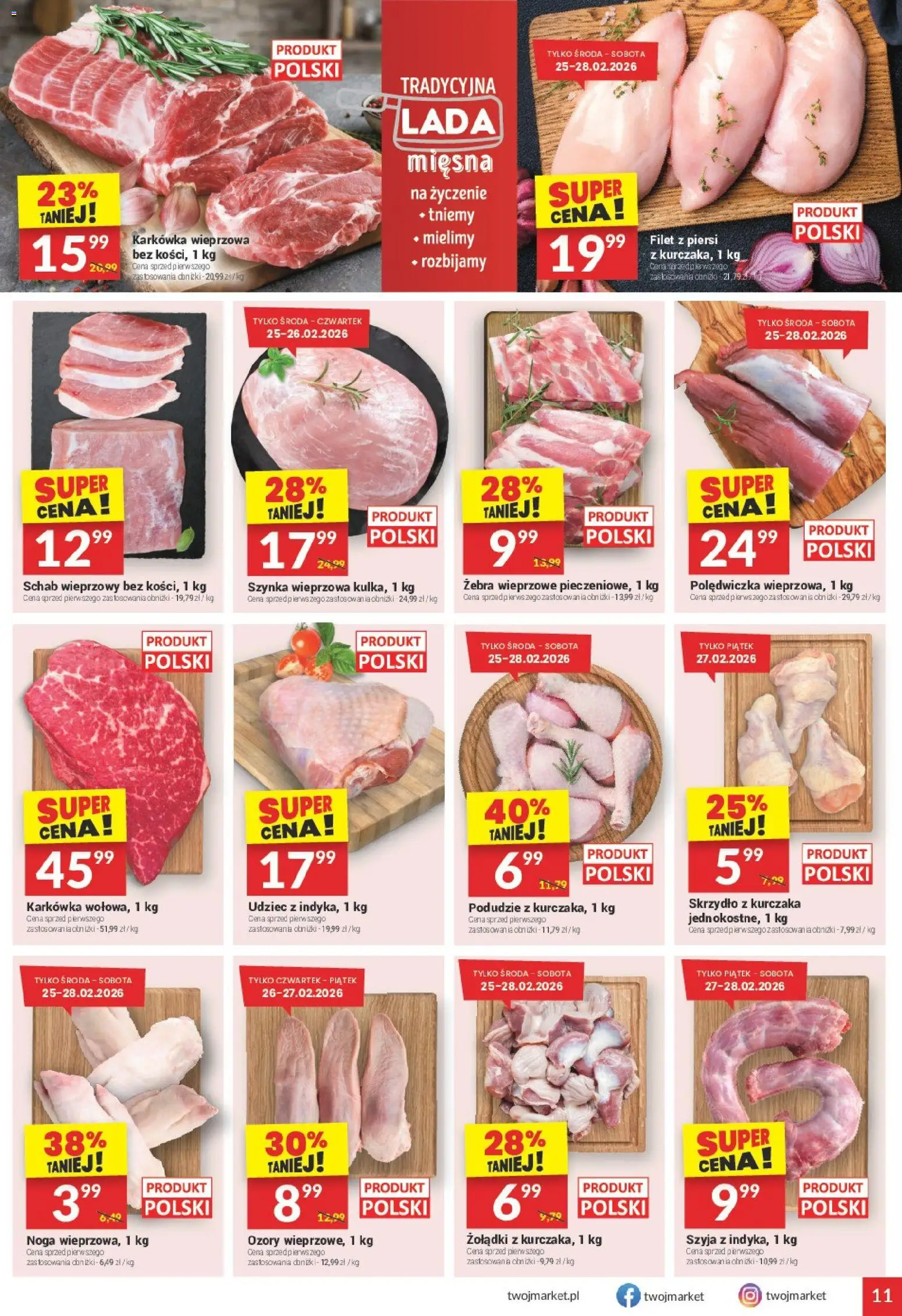 Twój Market Gazetka od 25.02.2026 | Strona: 11 | Produkty: Piersi, Karkówka wieprzowa, Szynka wieprzowa, Szynka
