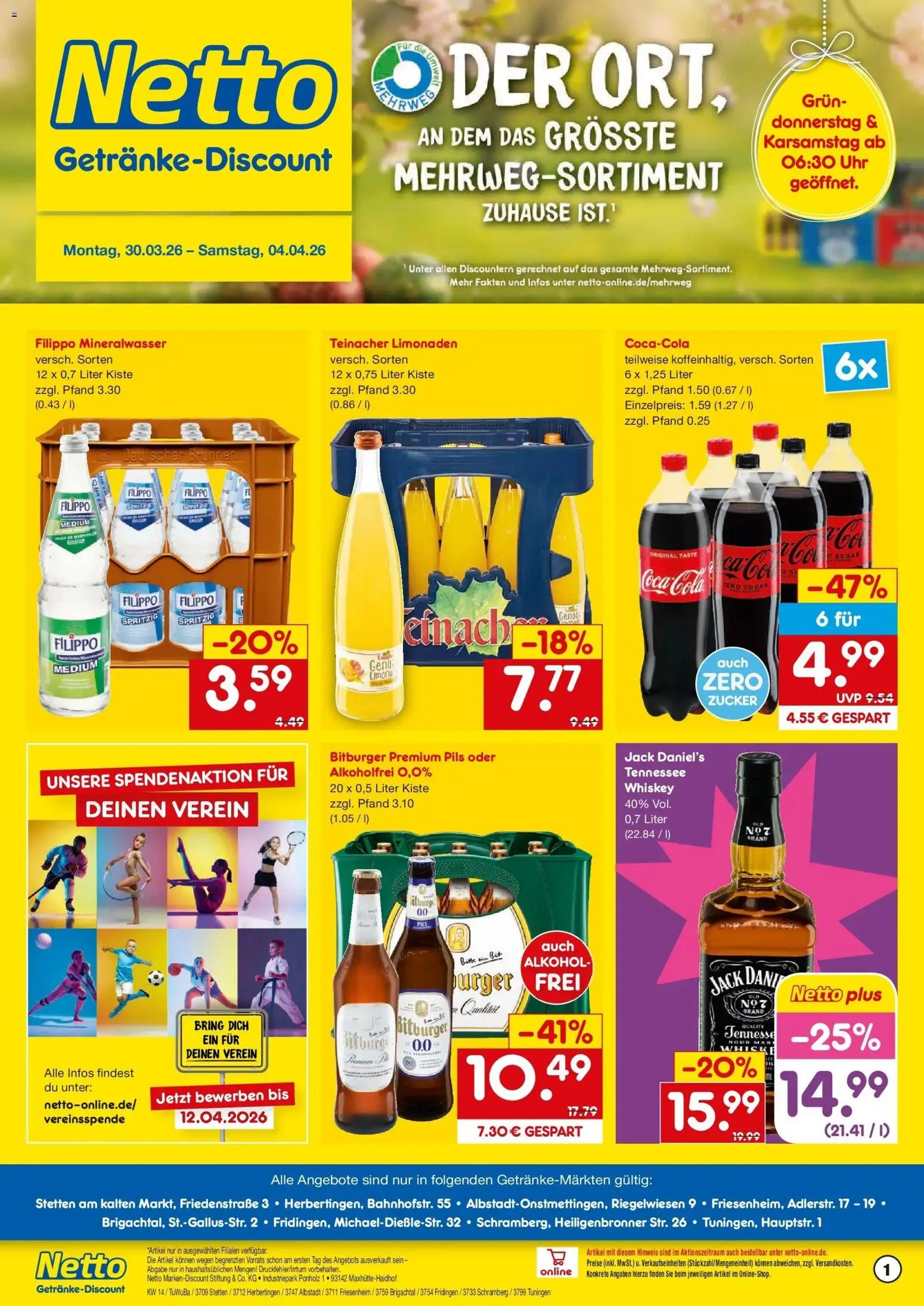 Netto Marken-Discount Prospekt Herbertingen	 – gültig ab 30.03.2026 | Seite: 1 | Produkte: Coca cola, Burger, Jack Daniel's, Mineralwasser