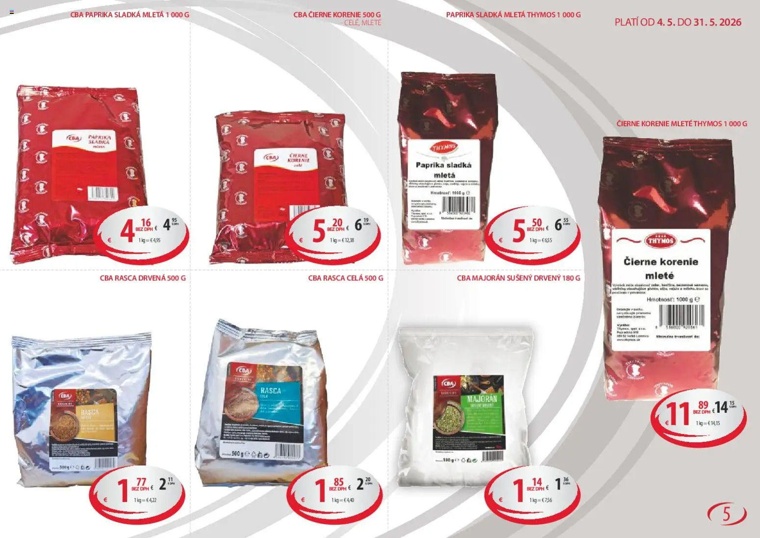 Nové CBA Komfos akcie – leták je platný od 04.05.2026 | Strana: 5 | Produkty: Paprika, Čierne korenie, Korenie, Majorán