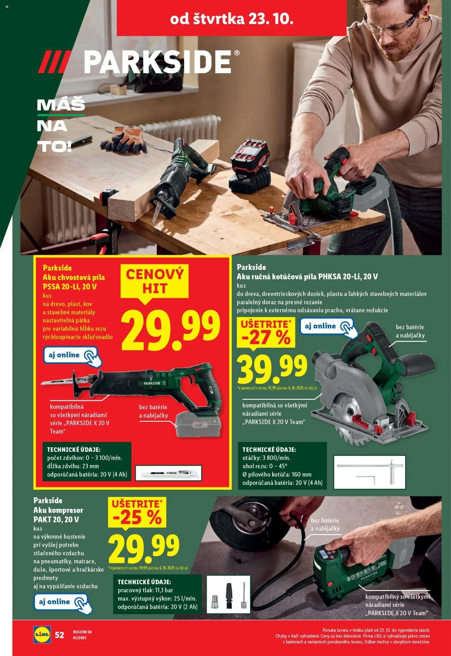 Nové Lidl akcie – leták je platný od 23.10.2025 | Strana: 34 | Produkty: Kompresor, Píla, Kotúčová píla, Aku
