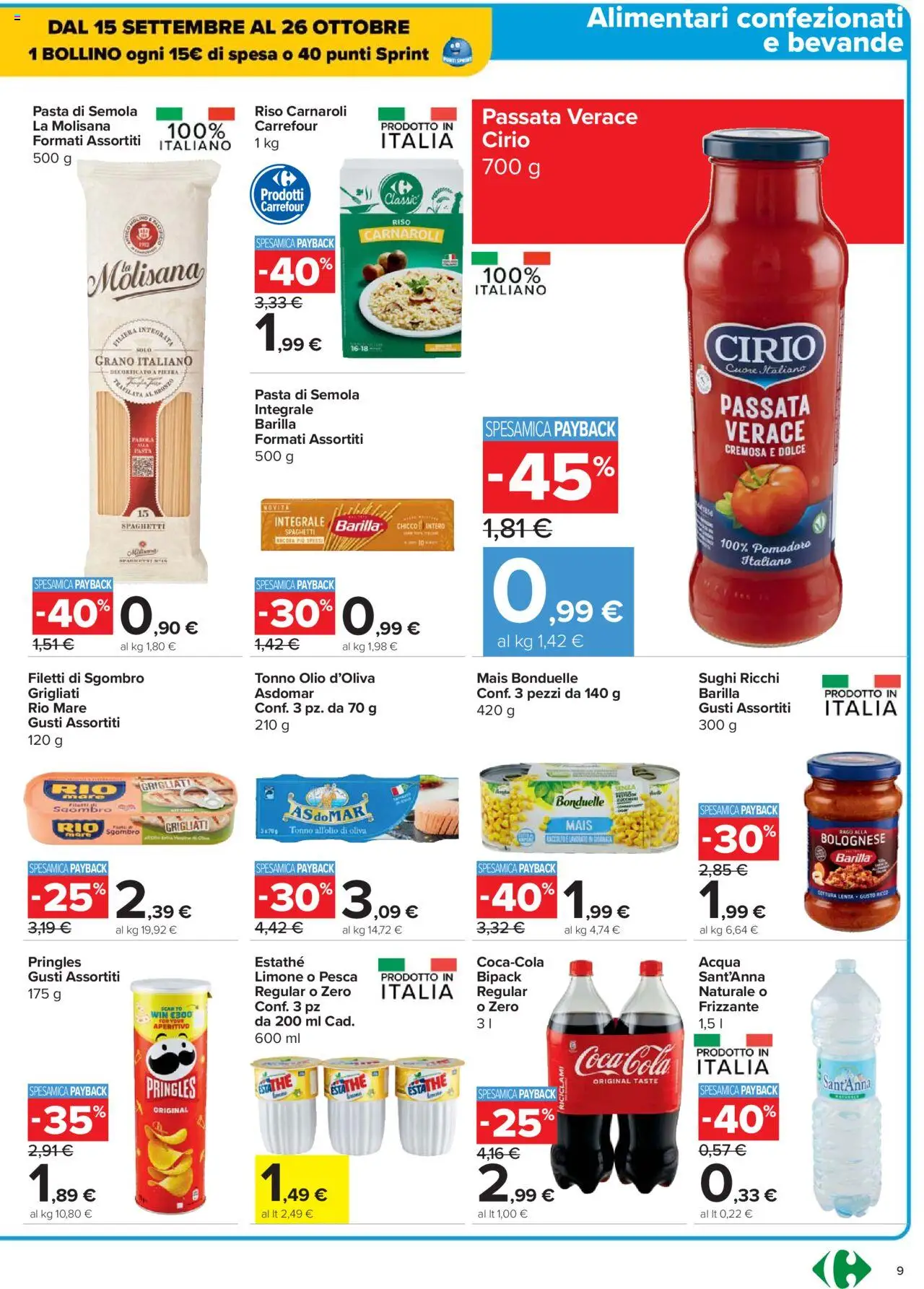 Volantino Carrefour del 18.09.2025 | Pagina: 9 | Prodotti: Riso Carnaroli, Pasta, Tonno, Sgombro