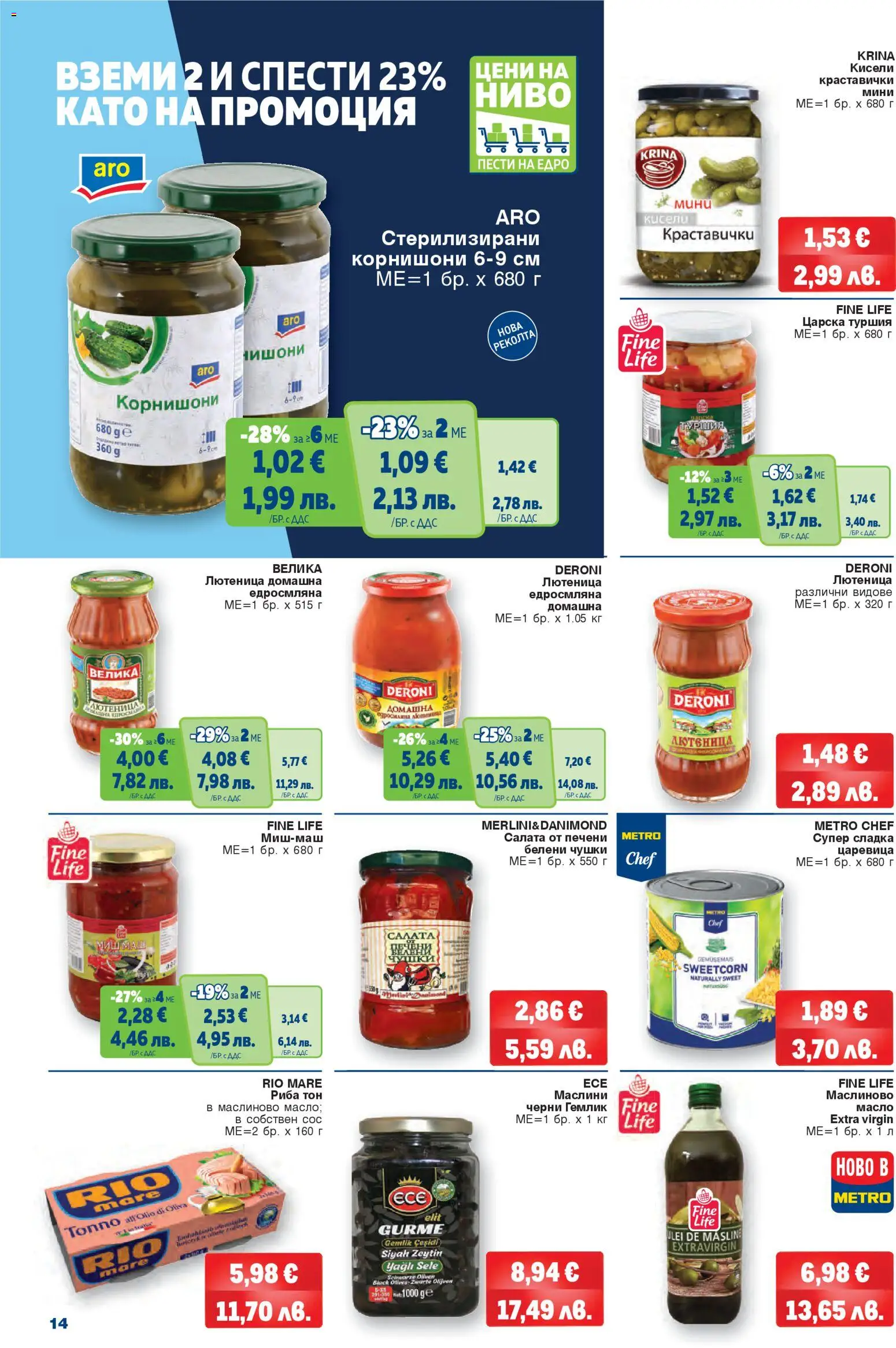 {H1} | Страница: 14 | Продукти: Сос, Корнишони, Царевица, Маслини