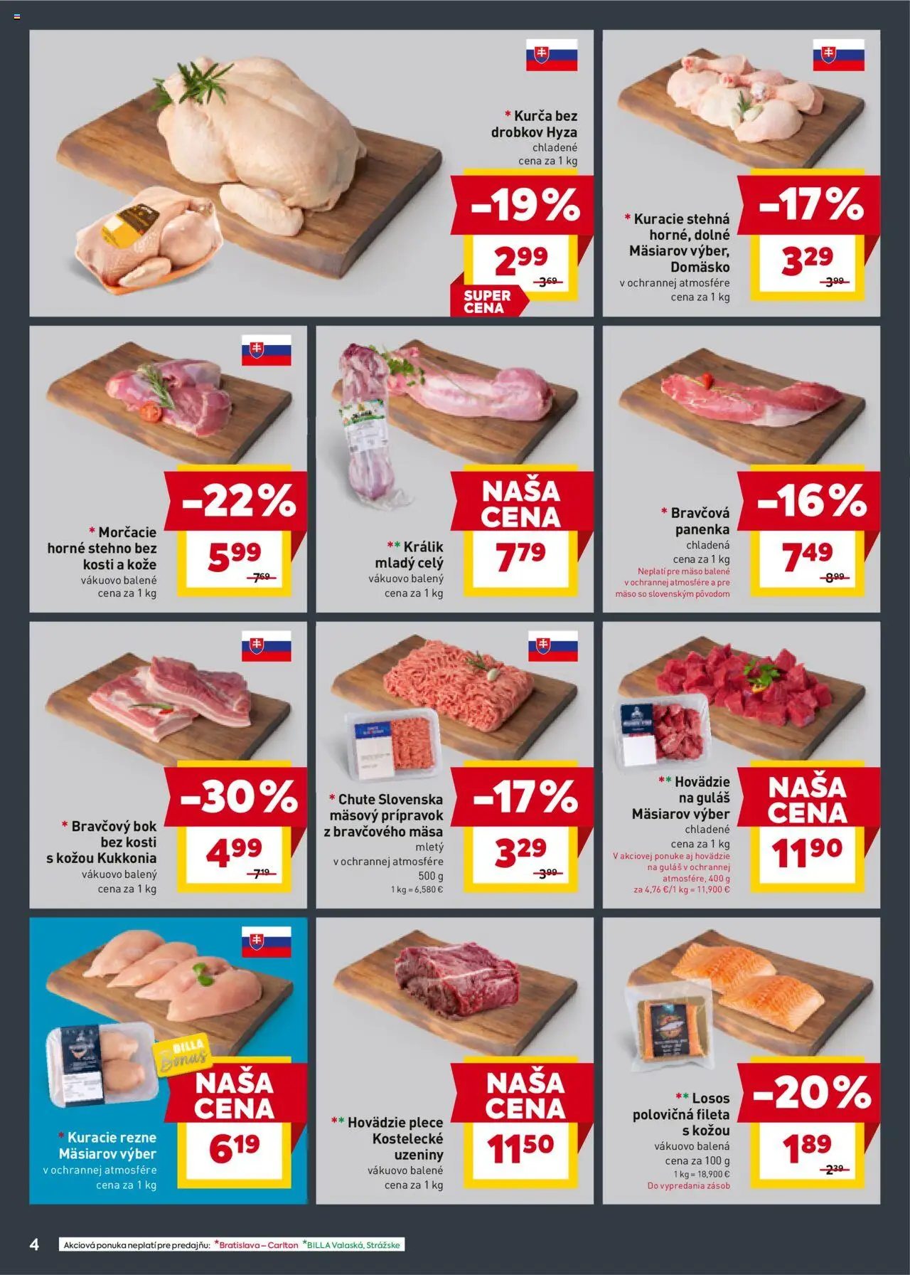 Billa leták │ platný od 13.08.2025 | Strana: 4 | Produkty: Kuracie rezne, Kuracie stehná, Losos, Kurča