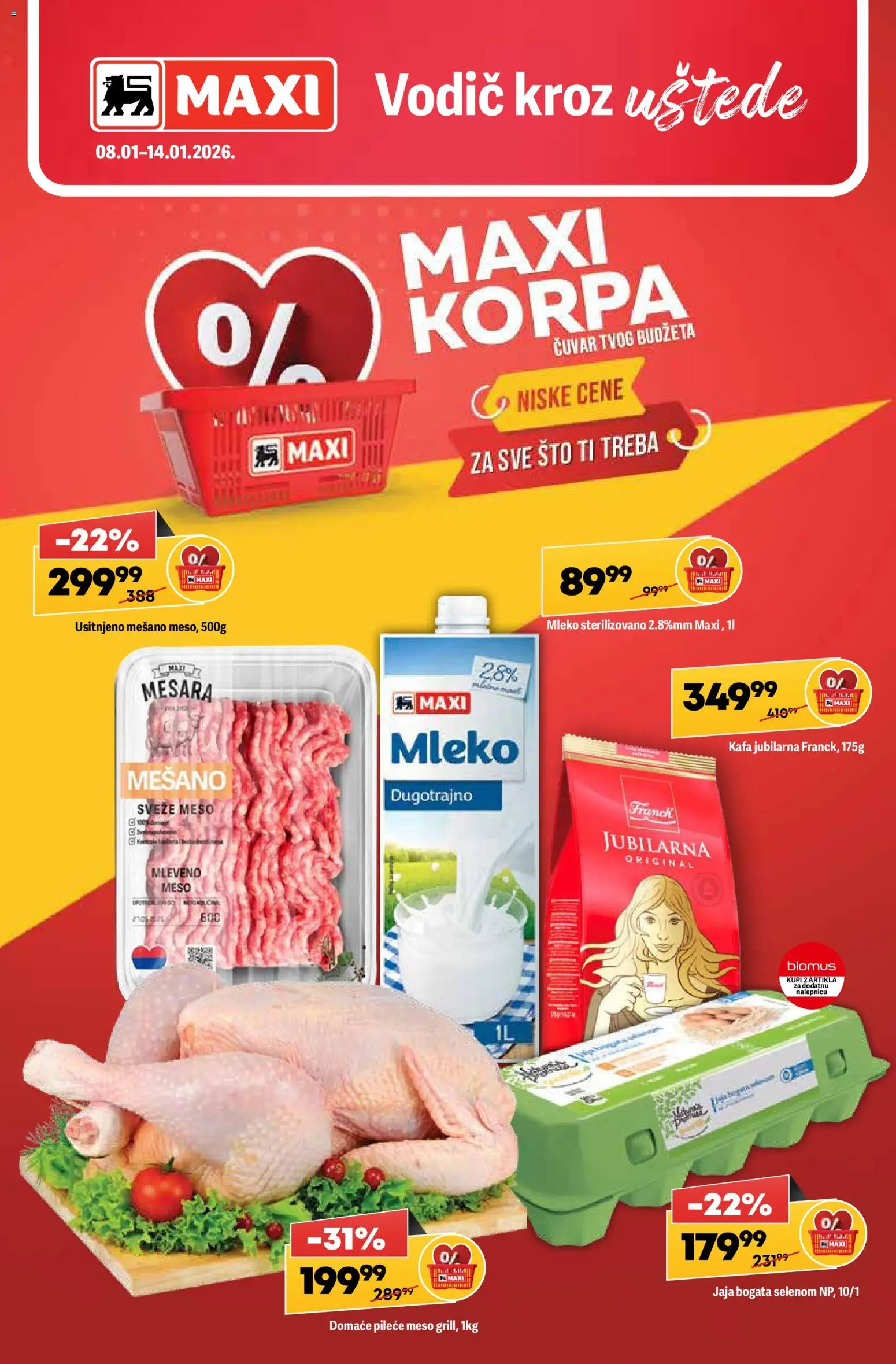 Maxi katalog - važi od 08.01.2026 | Strana: 1 | Proizvode: Mleveno meso, Korpa, Jaja, Kafa