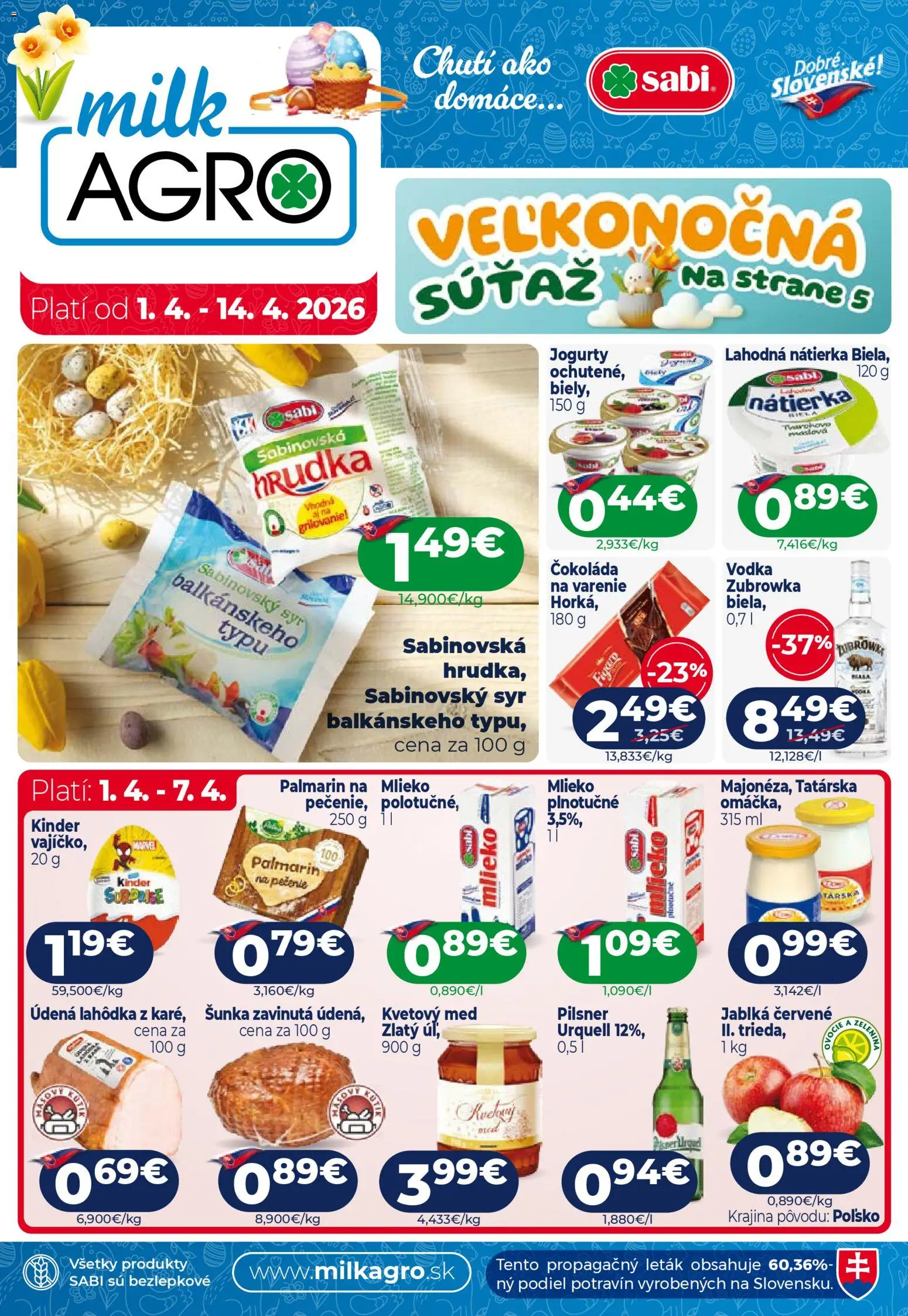 Nové Milk Agro akcie – leták je platný od 01.04.2026 | Strana: 1 | Produkty: Syr, Palmarin, Čokoláda, Vodka