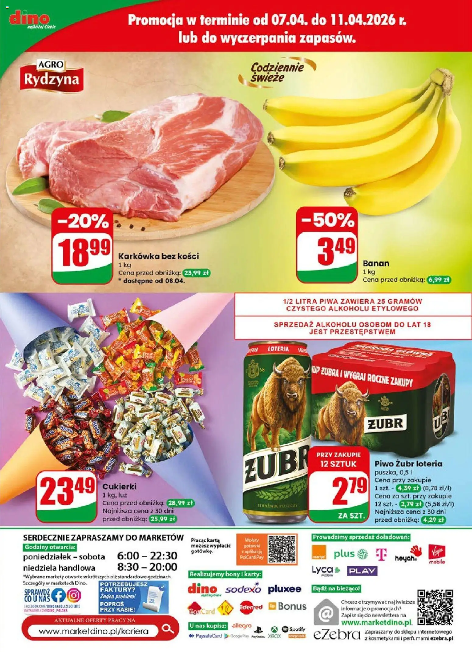 Dino gazetka od 08.04.2026 | Strona: 69 | Produkty: Piwo żubr, Karta, Karkówka, Banan