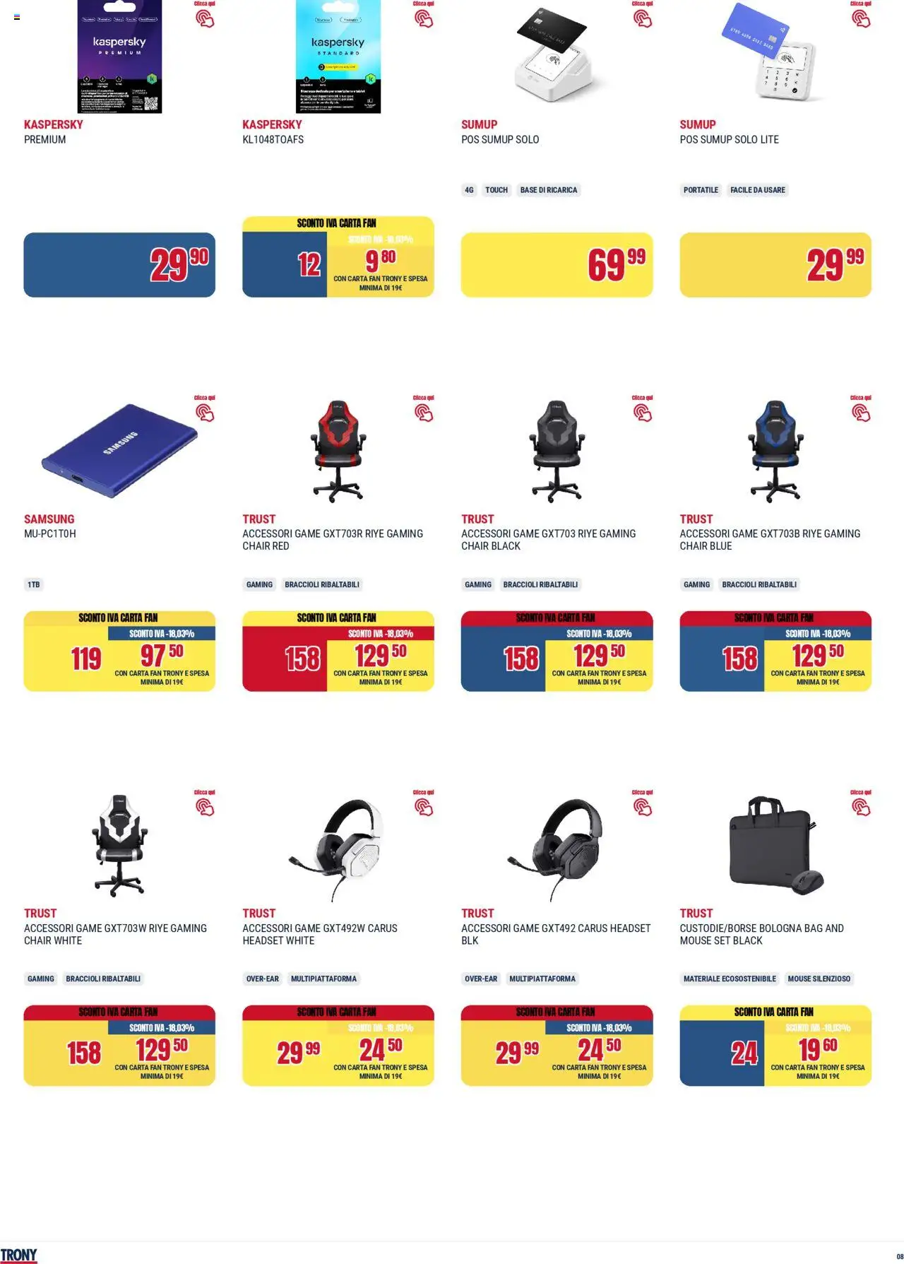 Volantino Trony del 02.10.2025 | Pagina: 8 | Prodotti: Braccioli, Mouse, Fan, Samsung