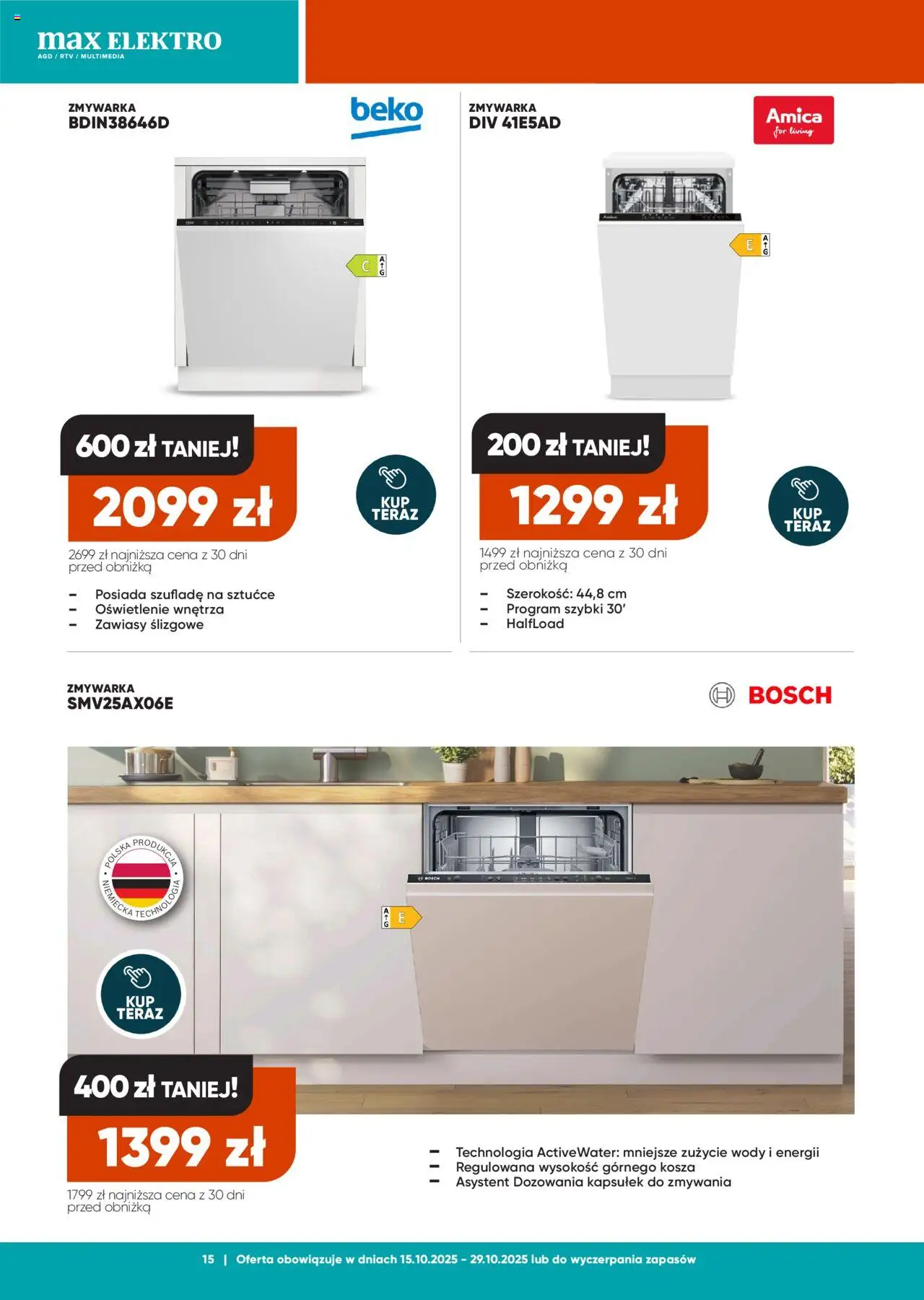 Max elektro Gazetka od 15.10.2025 | Strona: 15 | Produkty: Zmywarka, Sztućce