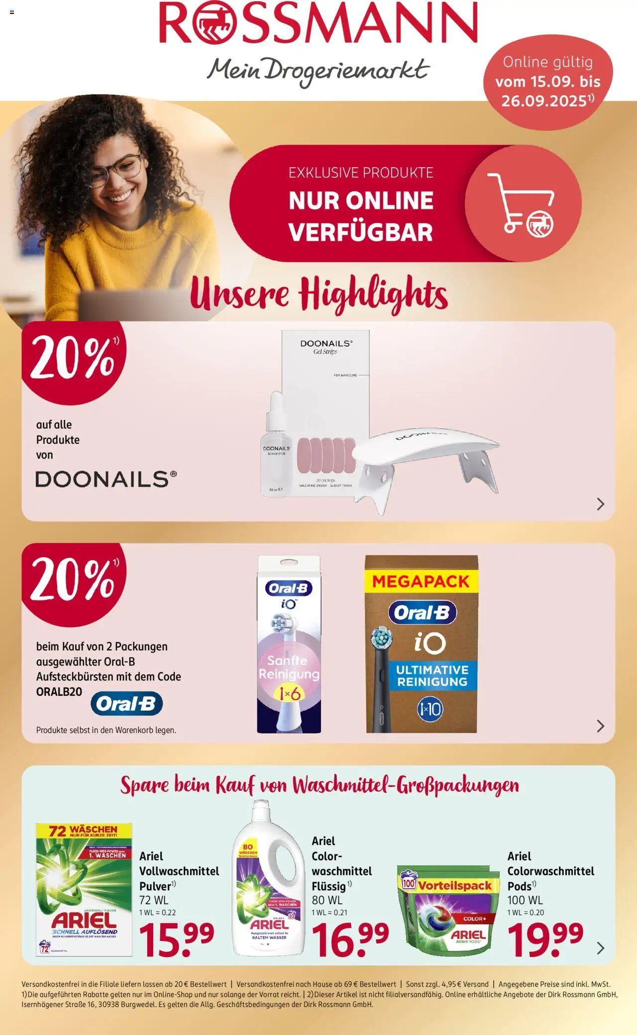 Rossmann Onlineprospekt – gültig ab 15.09.2025 | Seite: 1 | Produkte: Ariel, Wasser, Waschmittel