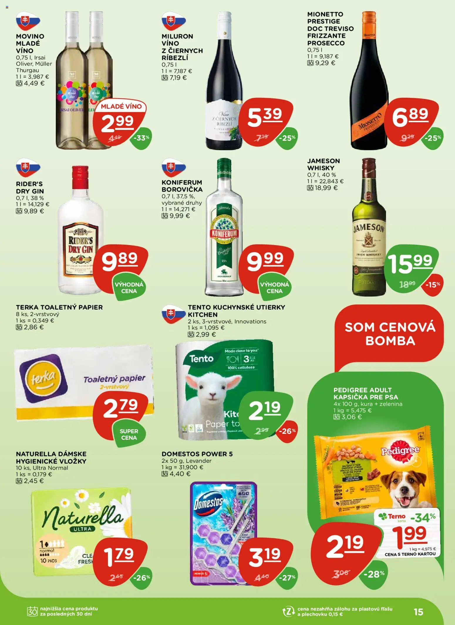 Nové Terno akcie – leták je platný od 13.11.2025 | Strana: 15 | Produkty: Víno, Borovička, Gin, Whisky