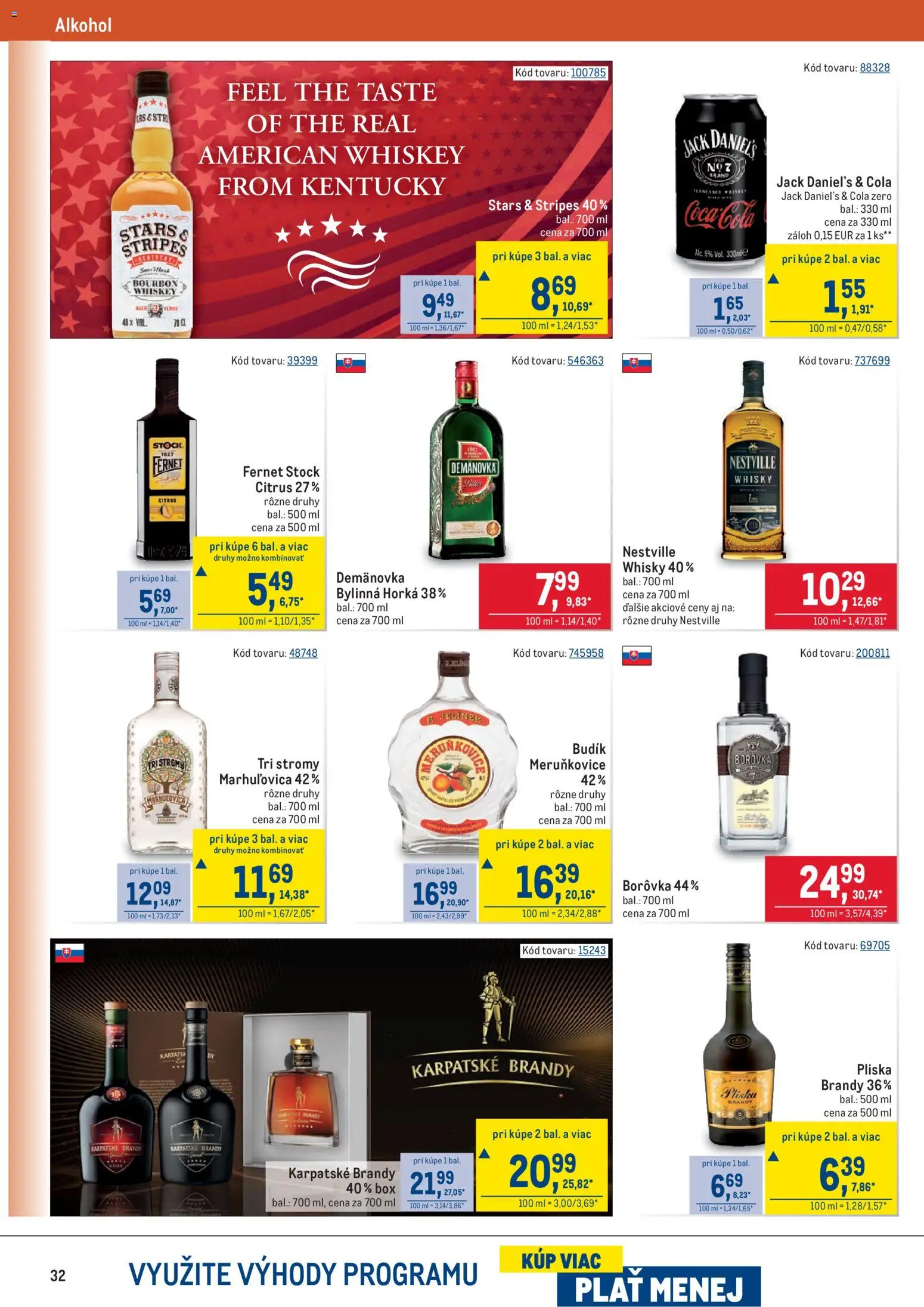 Nové Metro akcie – leták je platný od 22.10.2025 | Strana: 32 | Produkty: Karpatské brandy, Brandy, Whisky, Jack Daniel's