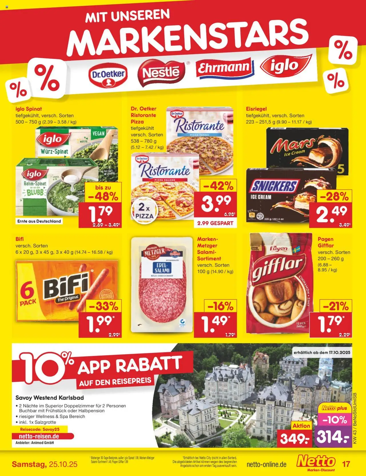 Netto Marken-Discount Prospekt 	 – gültig ab 20.10.2025 | Seite: 23 | Produkte: Iglo, Snickers, Salami, Pizza
