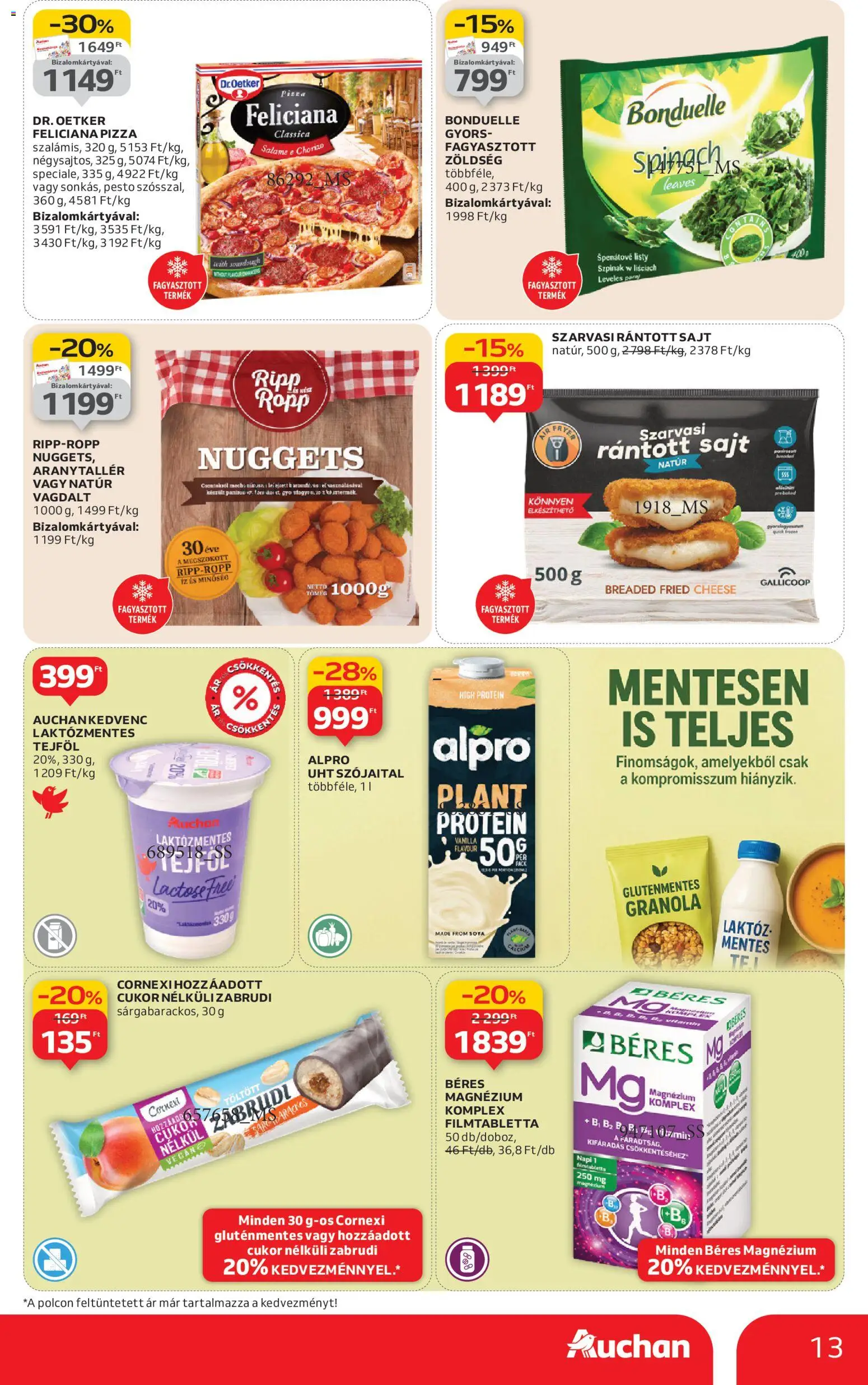 Auchan akciós ujság - amely érvényes a következő dátumtól: 08.01.2026 | Oldal: 13 | Termékek: Nuggets, Rántott sajt, Granola, Zöldség