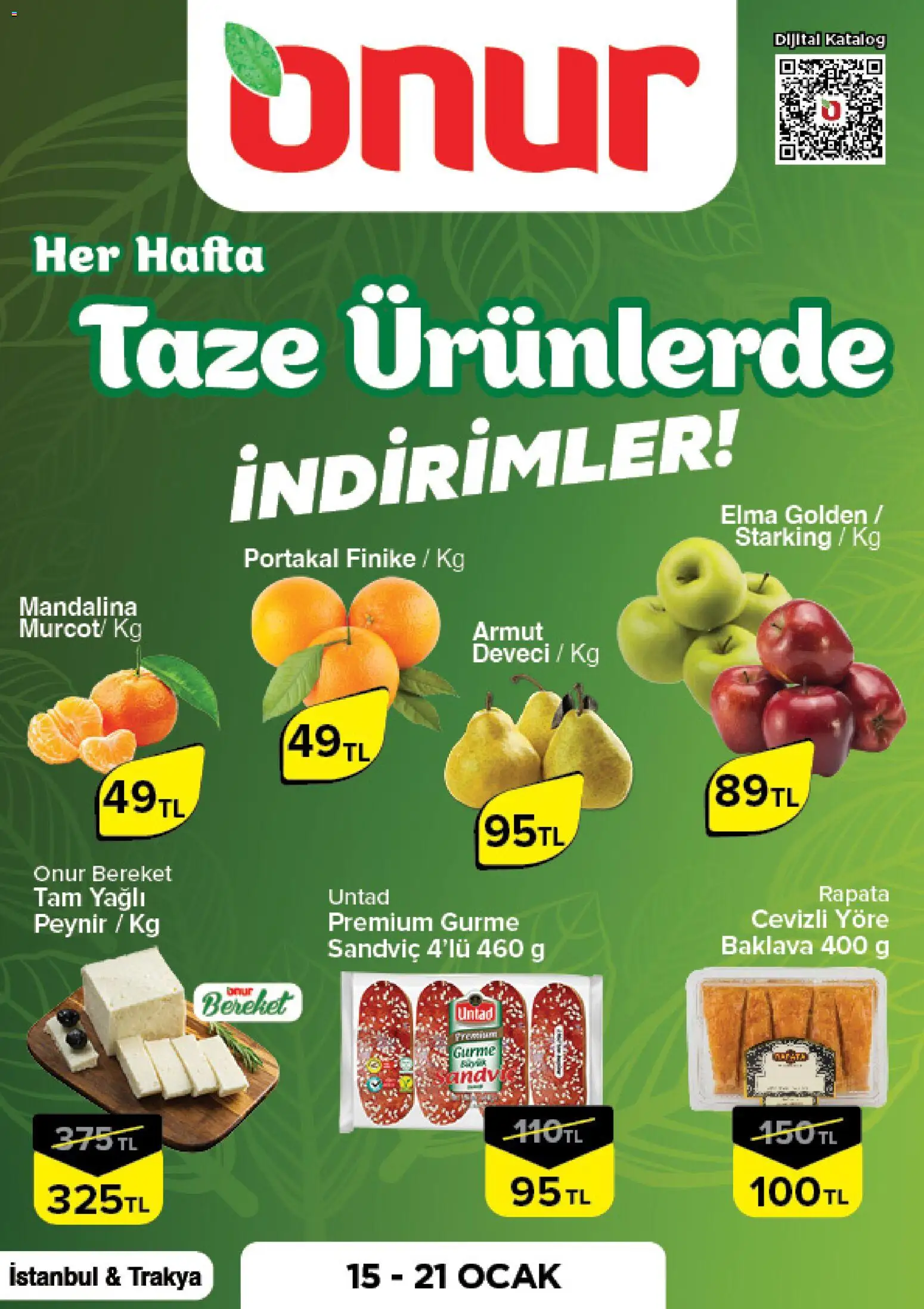 Onur Market Taze Ürünlerde İndirimler - İstanbul & Trakya - 15.01.2026 tarihinden itibaren geçerlidir | Sayfa: 1 | Ürünler: Peynir, Mandalina, Armut, Ocak