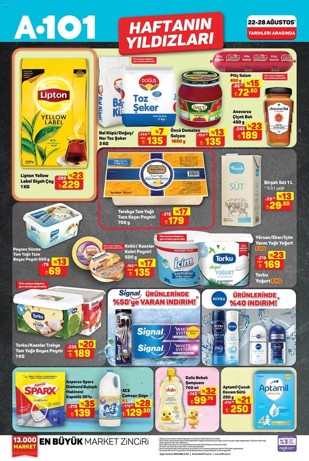 A101 Katalog - 22.08.2025 tarihinden itibaren geçerlidir | Sayfa: 1 | Ürünler: Yoğurt, Salam, Çay, Nar