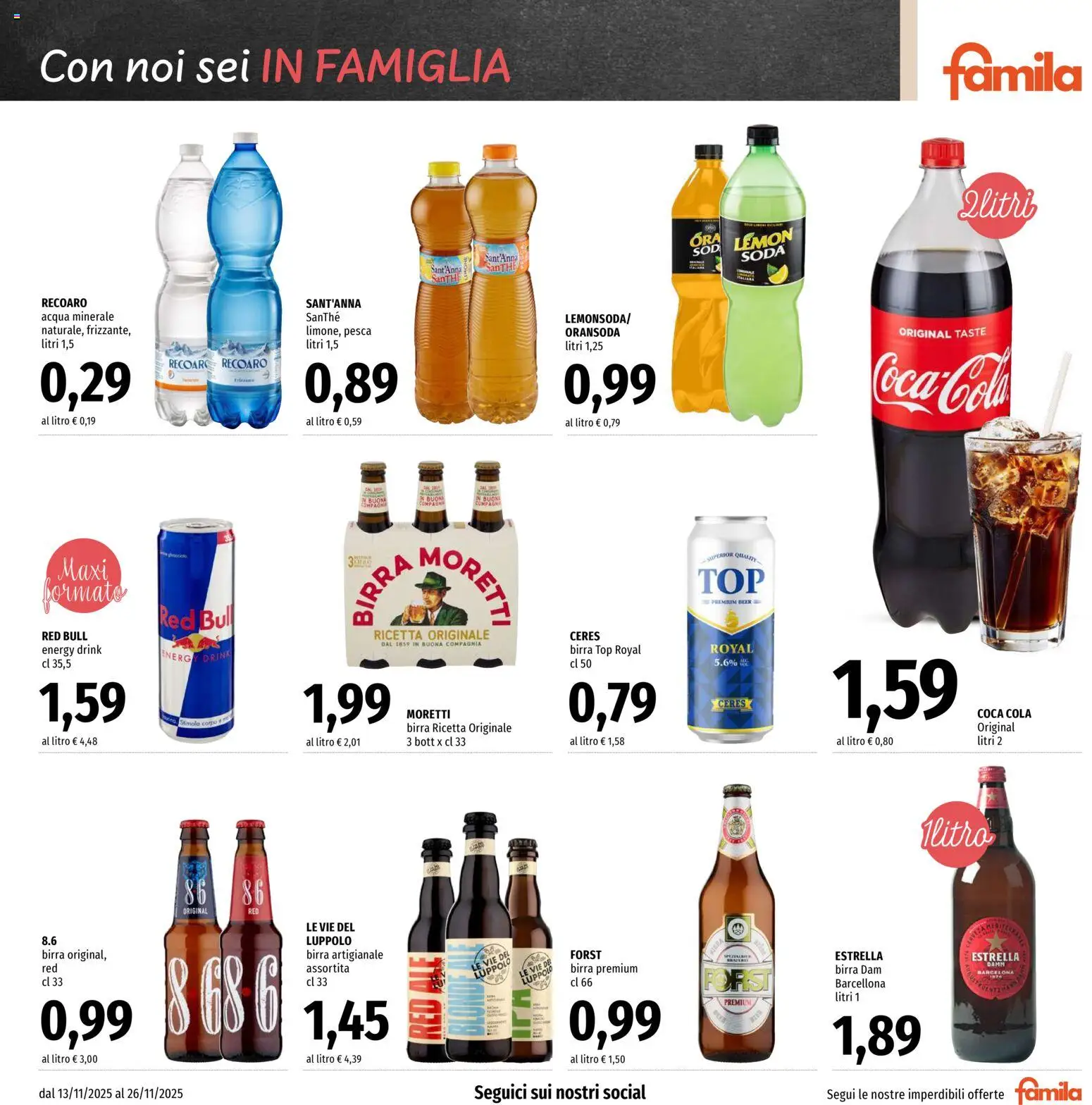 Volantino Famila del 13.11.2025 | Pagina: 15 | Prodotti: Birra, Ceres, Red Bull, Acqua minerale