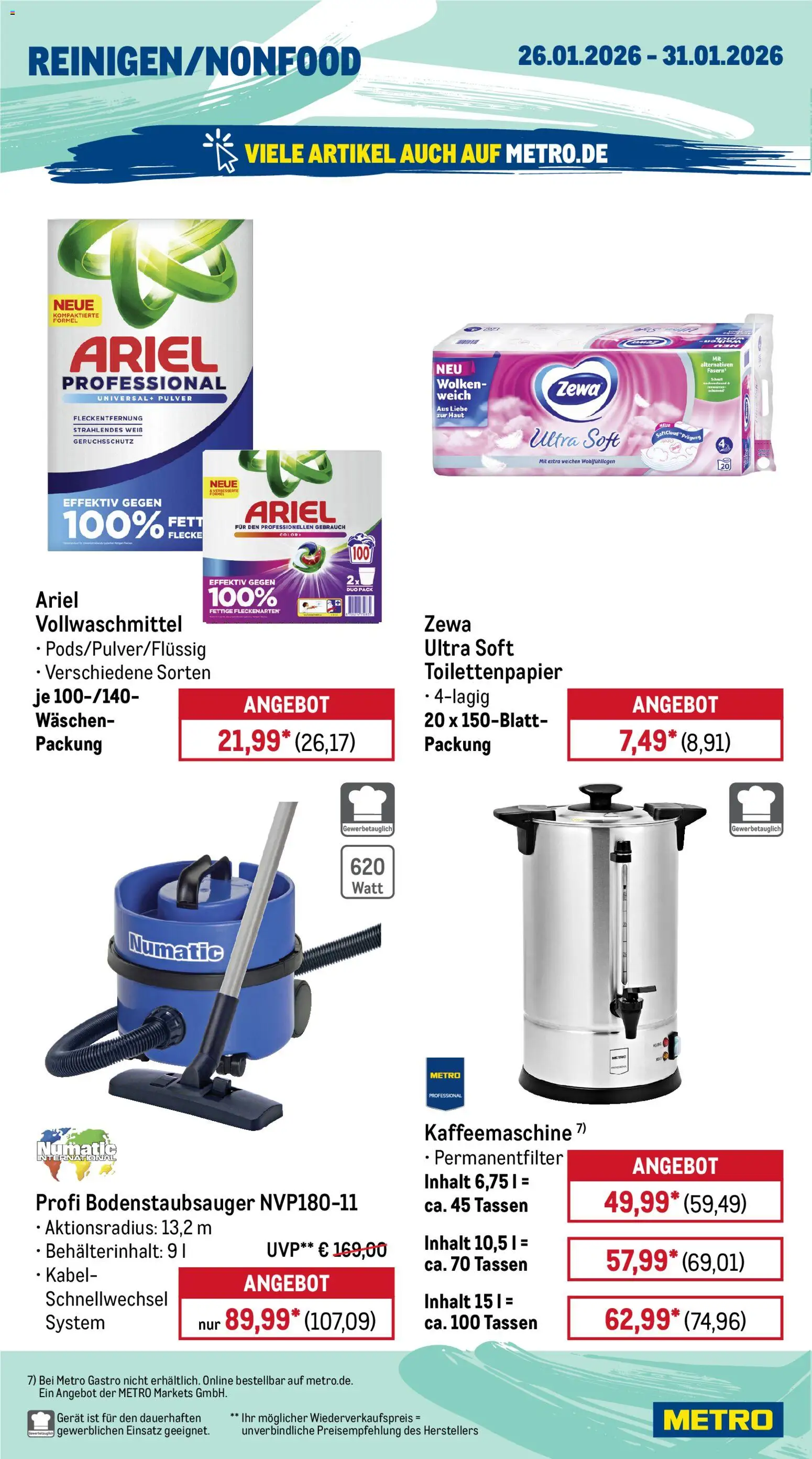 Metro Wochen-Angebote Gastro – gültig ab 26.01.2026 | Seite: 18 | Produkte: Kaffeemaschine, Ariel, Zewa, Toilettenpapier