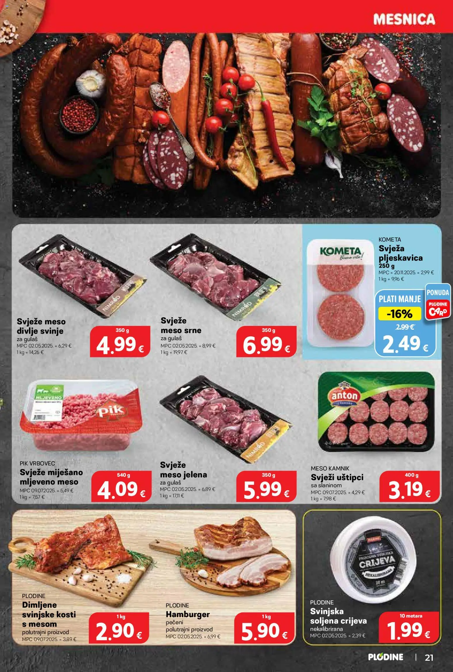 Plodine katalog | vrijedi od 26.11.2025 | Stranica: 21 | Proizvodi: Meso, Mljeveno meso, Pik Vrbovec, Hamburger