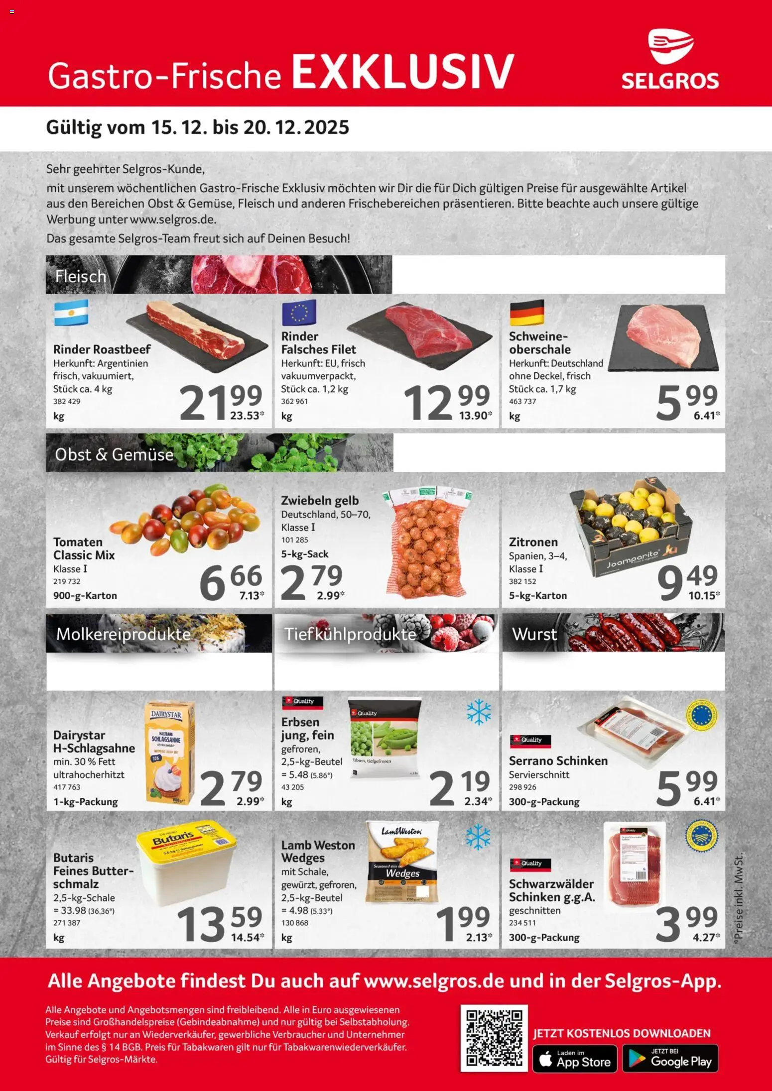 Selgros Gastro Angebote – gültig ab 15.12.2025 | Seite: 1 | Produkte: Schlagsahne, Tomaten, Gemüse, Schinken