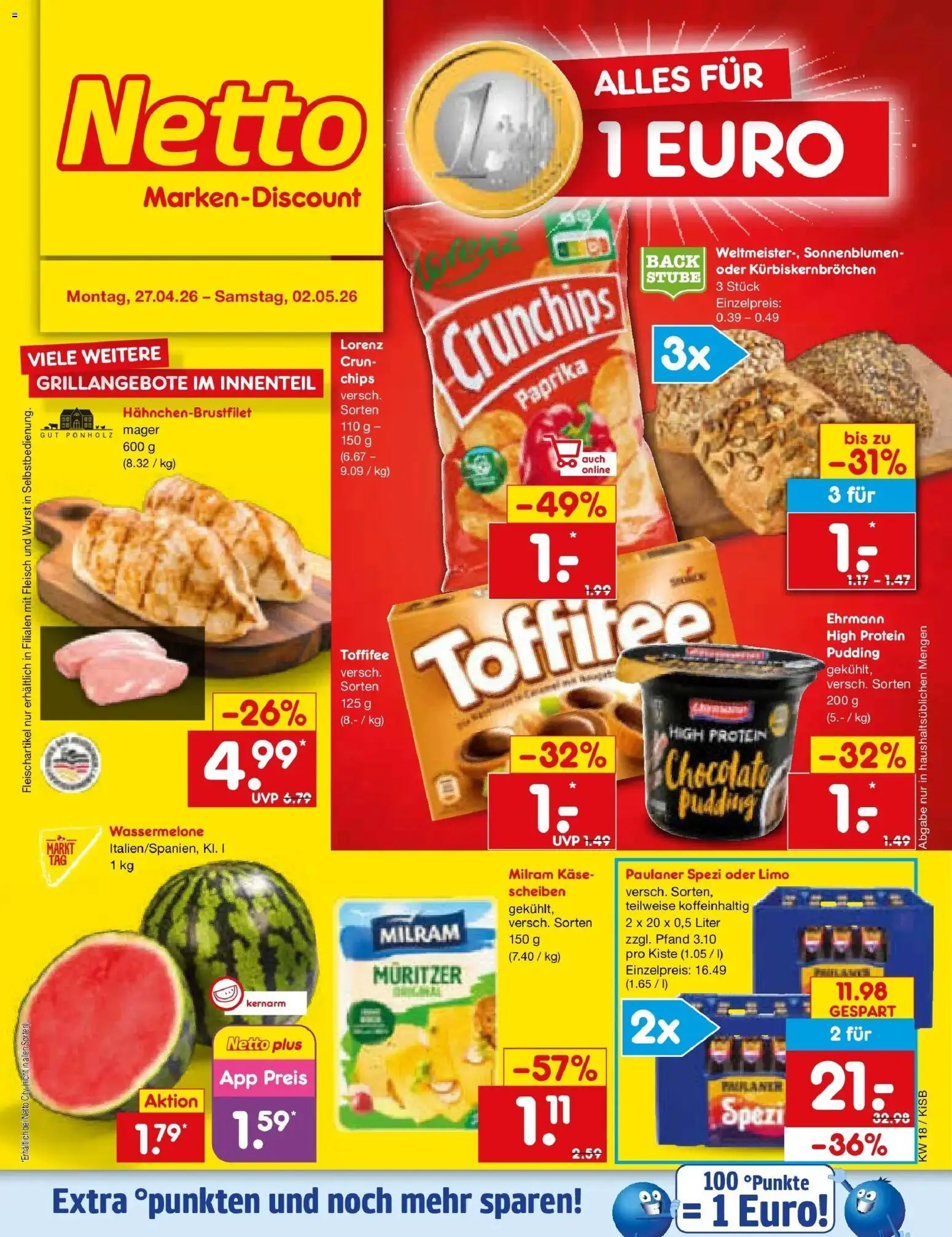 Netto Marken-Discount Prospekt Oberhaid	 – gültig ab 27.04.2026 | Seite: 1 | Produkte: Pudding, Wurst, Wassermelone, Chips