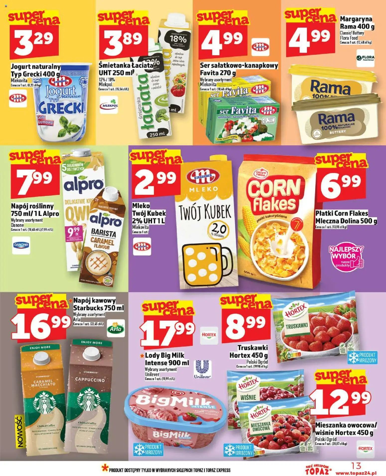 Topaz Gazetka od 20.11.2025 | Strona: 13 | Produkty: Ser favita, Wiśnie, Mleko, Corn Flakes