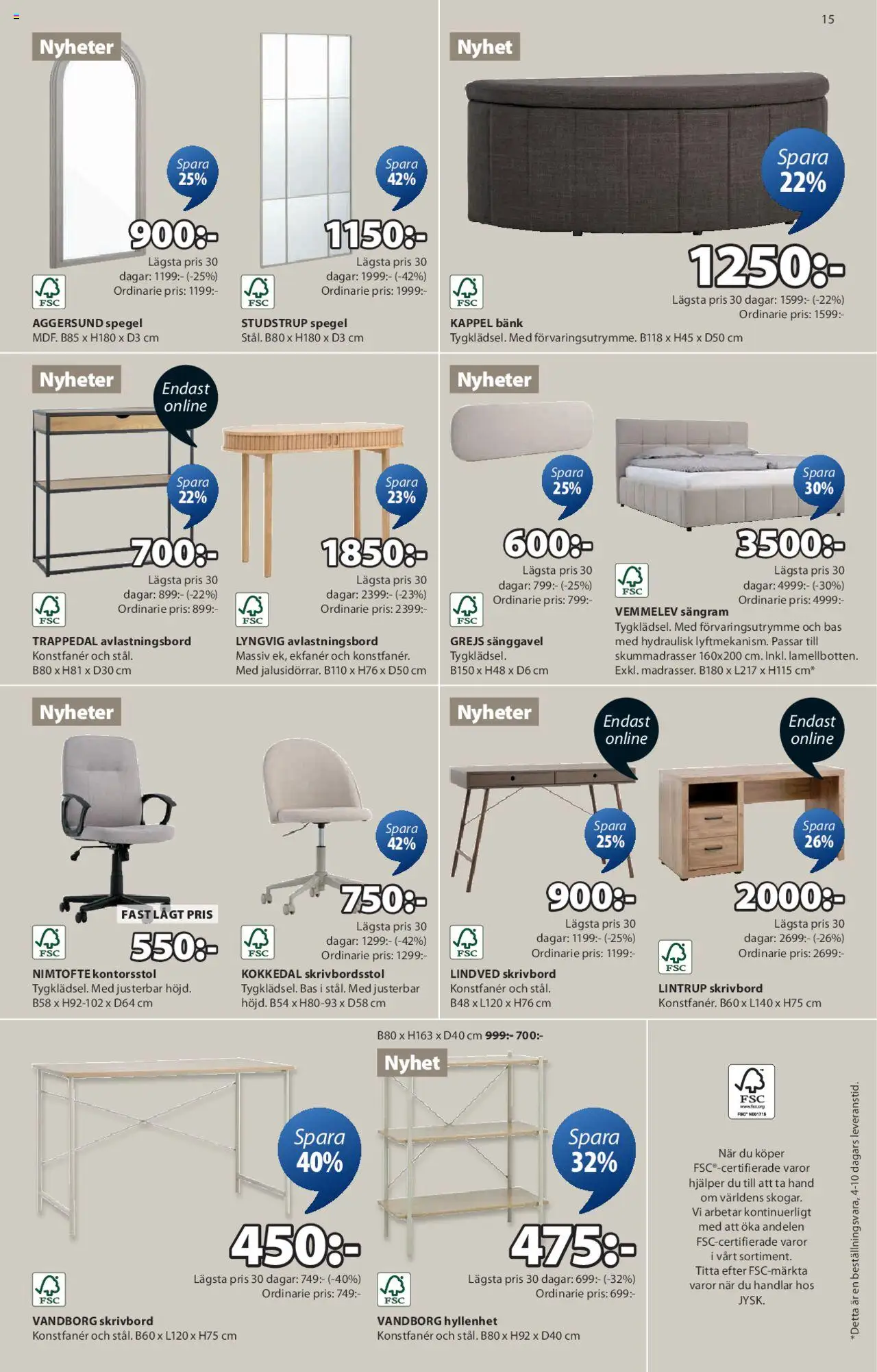 JYSK reklamblad aktuell från 04.08.2025 | Sida: 15 | Produkter: Bänk, Sängram, Sänggavel, Spegel