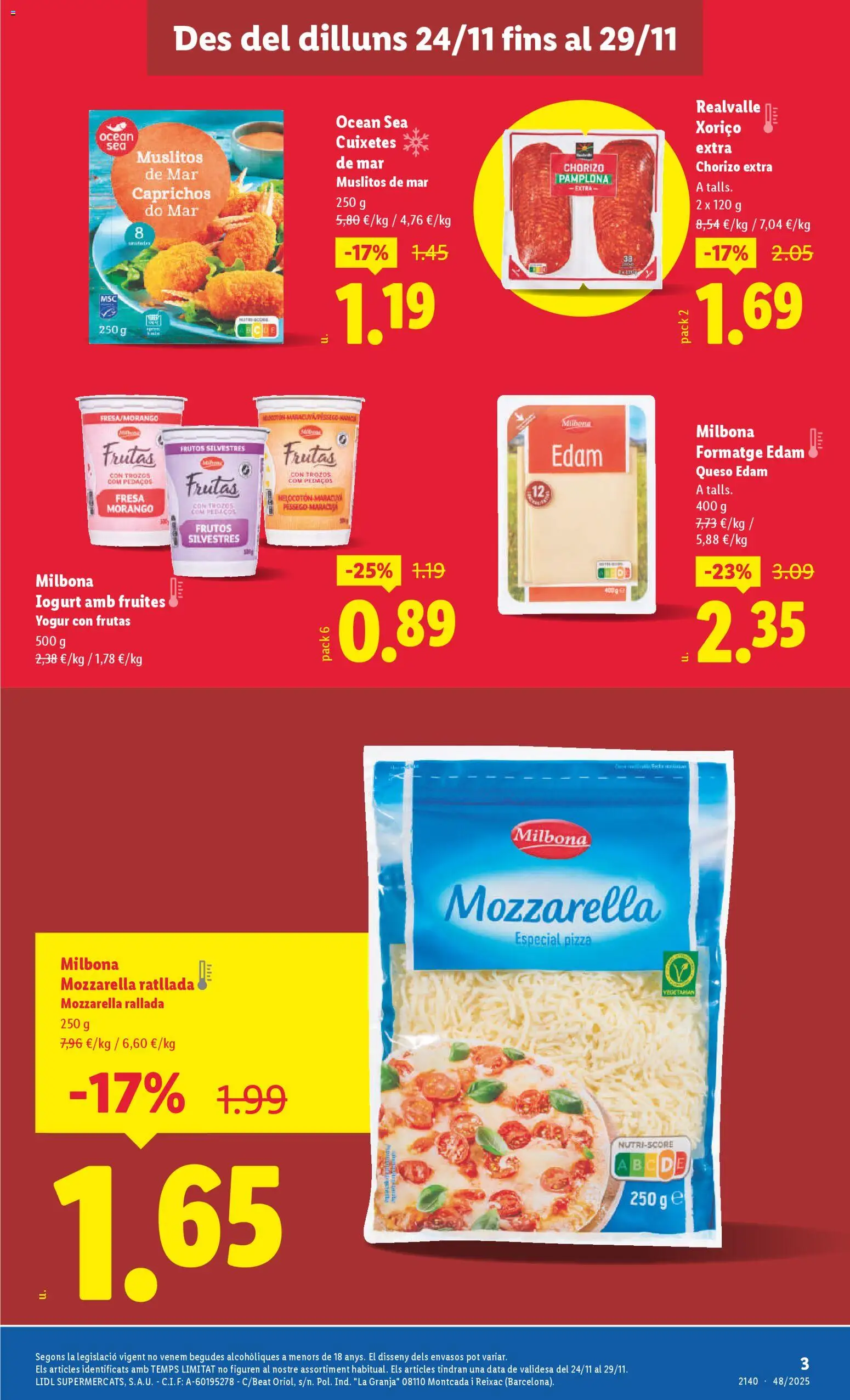 Lidl - L'Hospitalet de Llobregat │ válido desde el 24.11.2025 | Página: 3 | Productos: Queso, Yogur, Pizza