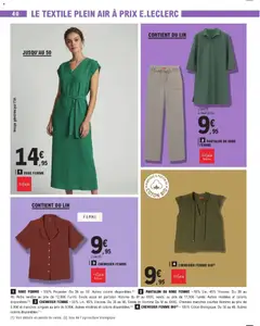 E.Leclerc - Prévisualisation de PANTALON OU ROBE FEMME, 55% Lin, 45% Viscose. Du 38 au 46. Autres modèles et coloris disponibles. valide à partir de 14.04.2026 | Page: 40 | Produits: Coton, Chemise, Pantalon, Blouse