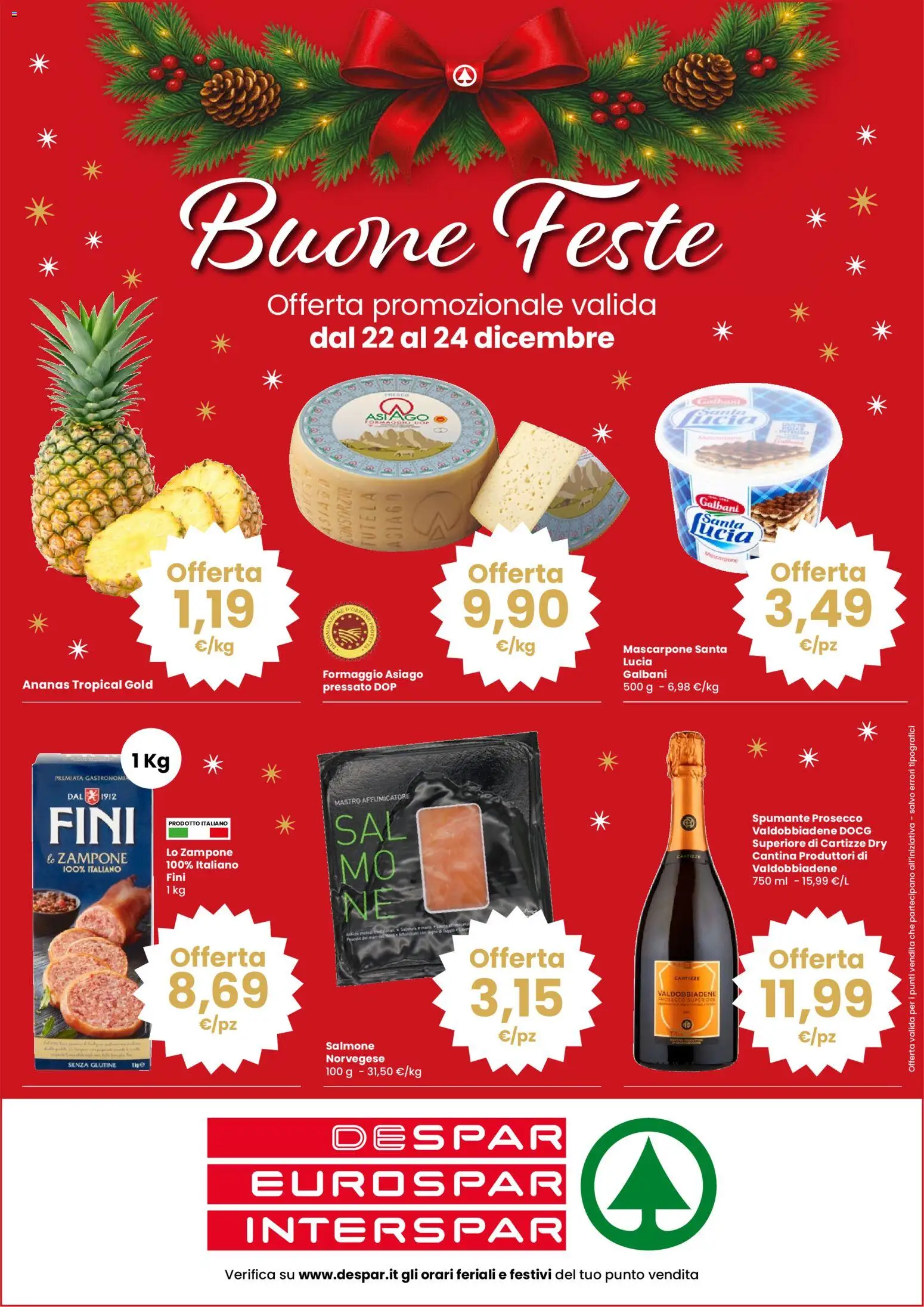 Volantino Despar del 22.12.2025 | Pagina: 1 | Prodotti: Salmone, Prosecco, Ananas, Spumante