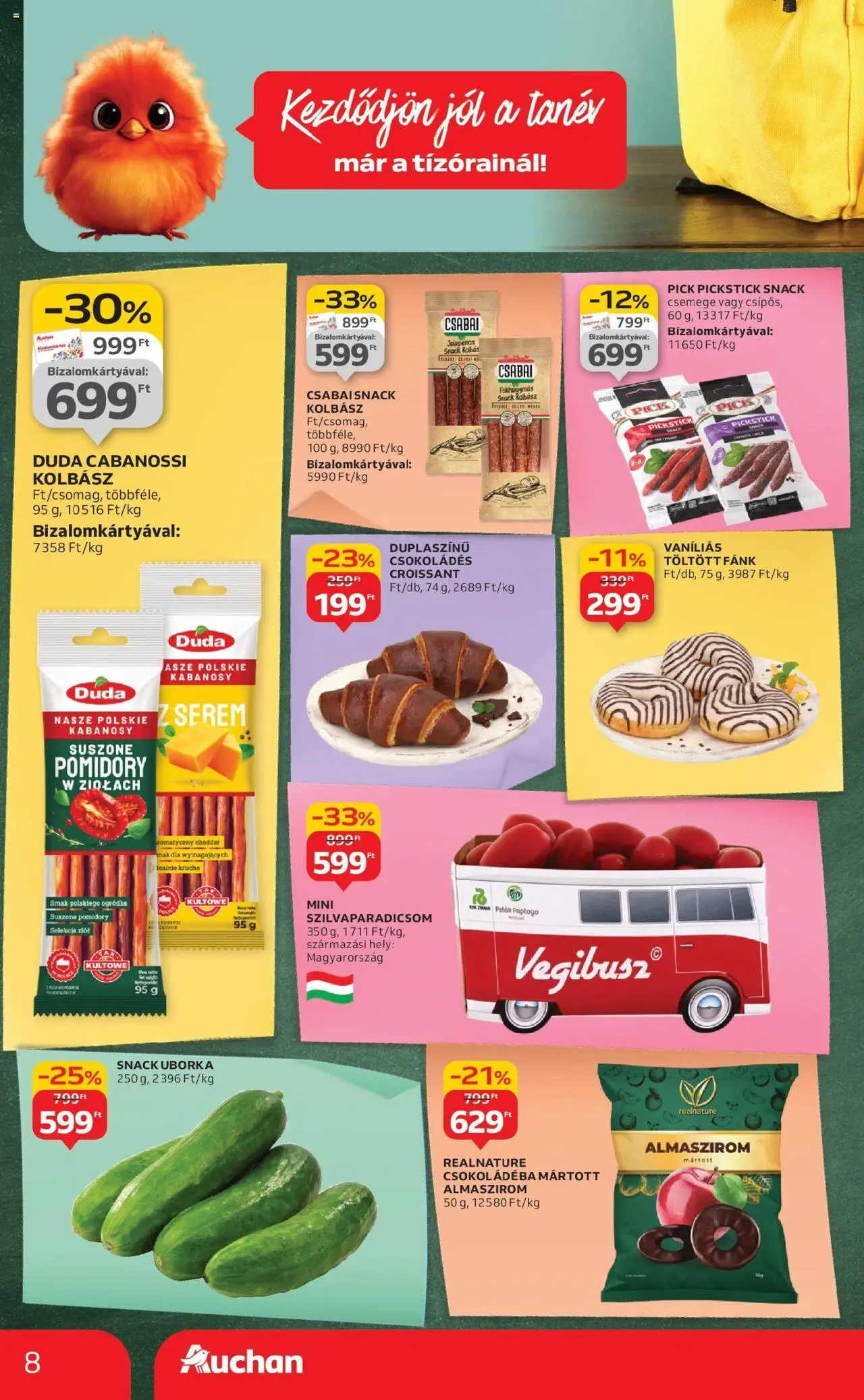 Auchan akciós ujság - amely érvényes a következő dátumtól: 04.09.2025 | Oldal: 8 | Termékek: Kolbász, Pick, Cheddar, Uborka