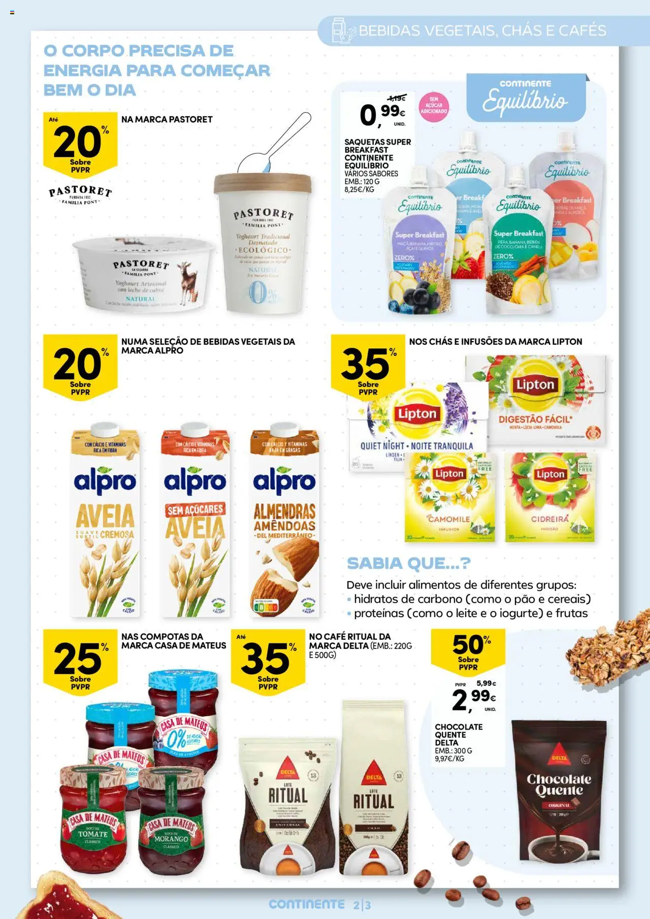 Continente Pequeno Almoço: Regressamos com energia │ válido de 19.08.2025 | Página: 3 | Produtos: Cálcio, Iogurte, Chás, Chocolate