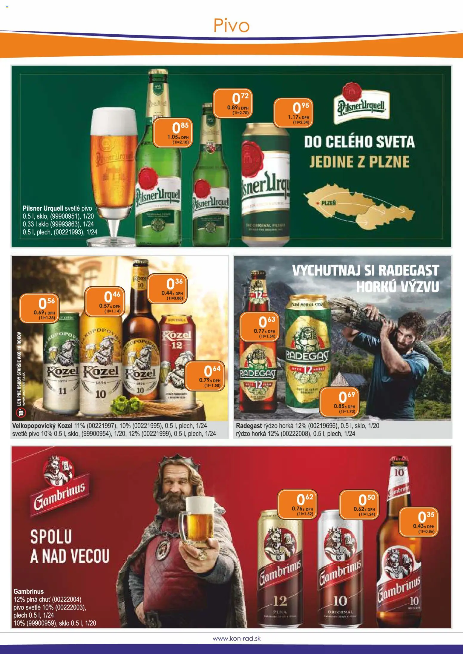 Nové KON - RAD akcie – leták je platný od 01.04.2026 | Strana: 18 | Produkty: Pivo, Pilsner Urquell, Radegast, Gambrinus