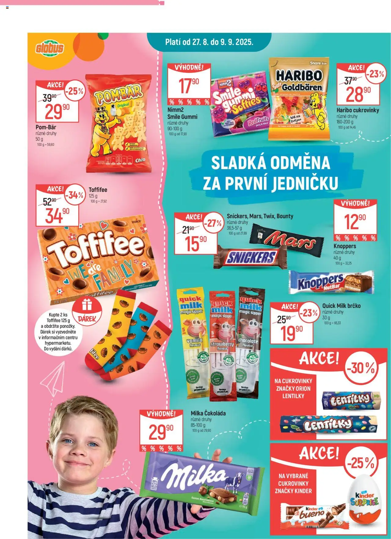 Globus leták - Brno od 27.08.2025 | Strana: 14 | Produkty: Čokoláda, Knoppers, Toffifee, Lentilky Orion