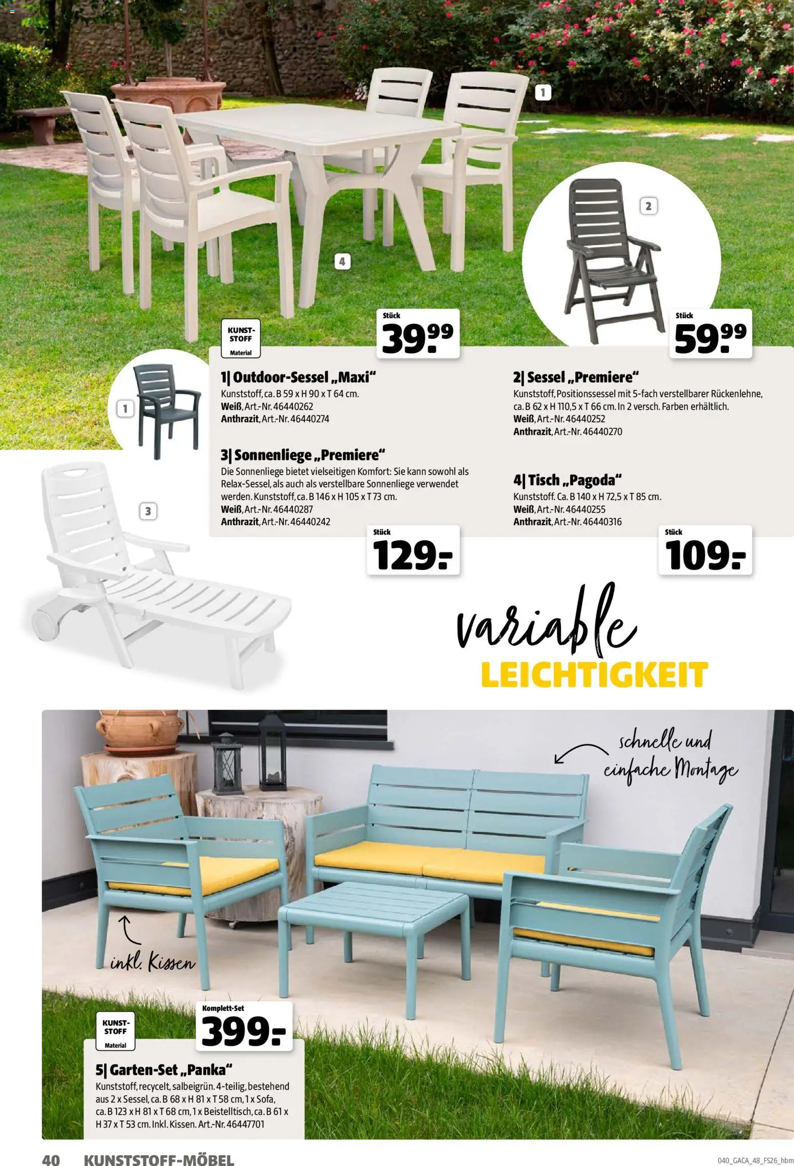 Hagebau Gartenmöbelsortiment – gültig ab 02.03.2026 | Seite: 40 | Produkte: Kissen, Sessel, Tisch