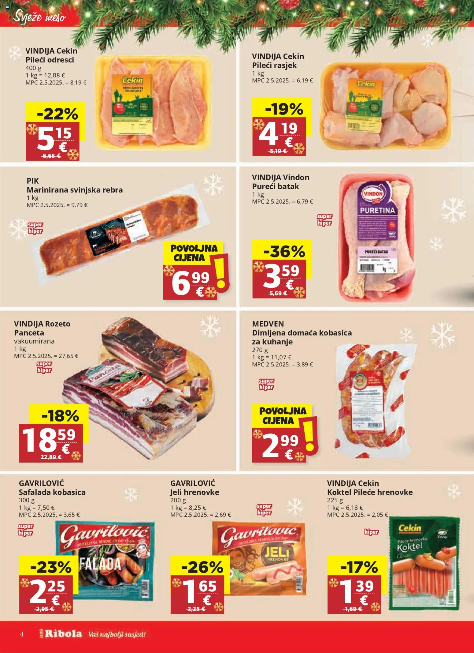 Ribola katalog | vrijedi od 10.12.2025 | Stranica: 4 | Proizvodi: Puretina, Hrenovke, Kobasica, Panceta