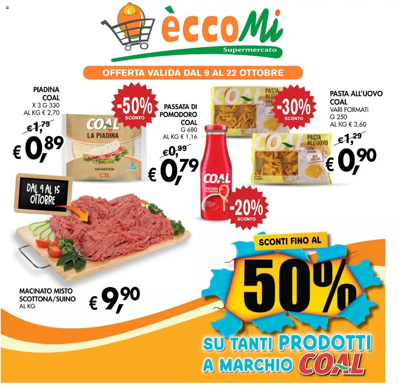 Volantino Coal del 09.10.2025 | Pagina: 1 | Prodotti: Pomodoro, Pasta, Piadina, Macinato