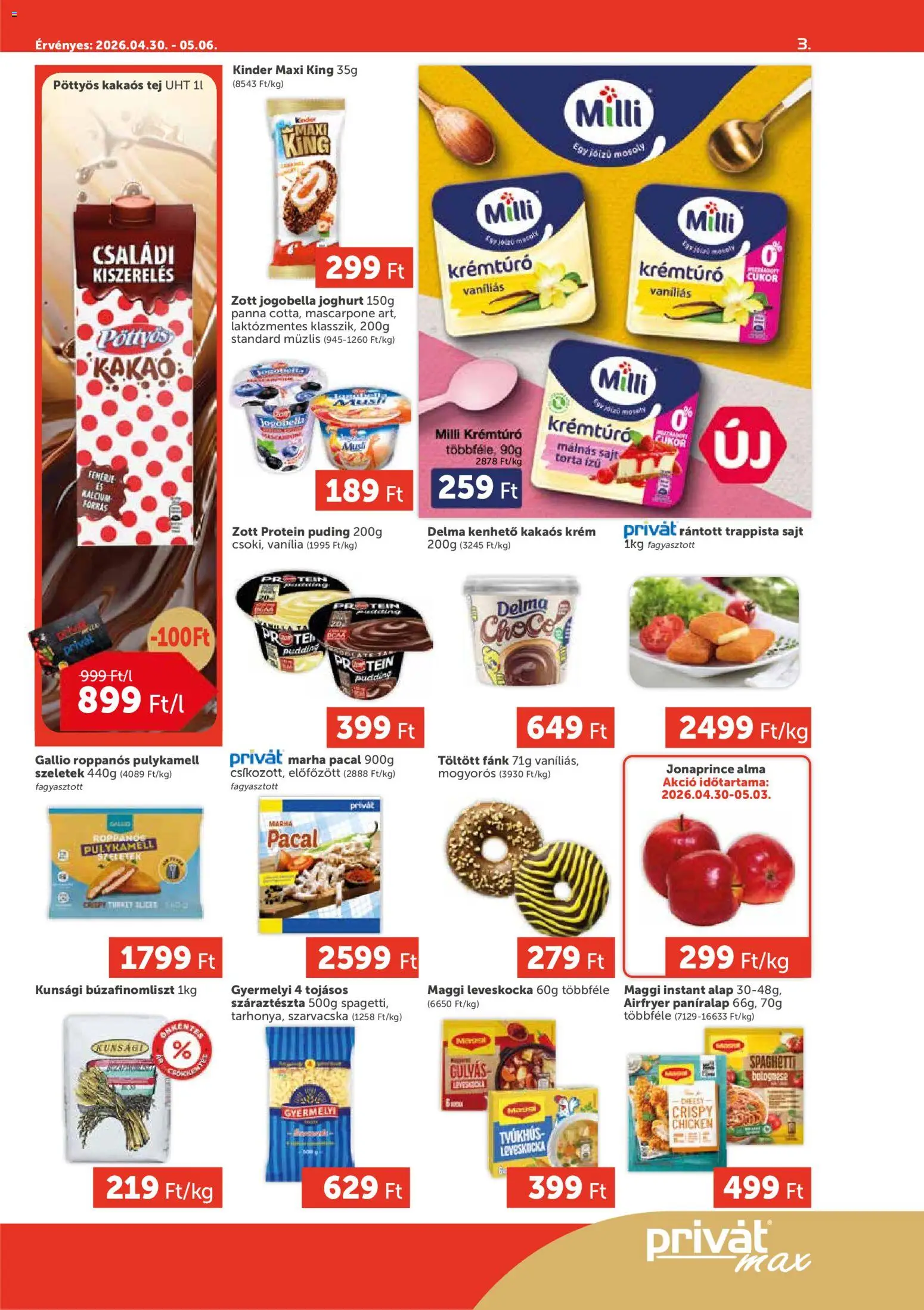 PRIVÁT akciós ujság - amely érvényes a következő dátumtól: 30.04.2026 | Oldal: 3 | Termékek: Fehérje, Maggi, Tej, Alma