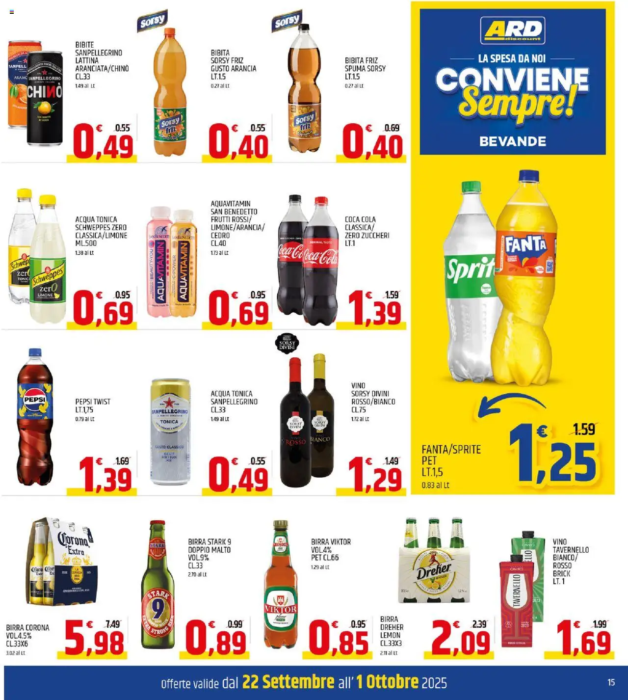 Volantino ARD Discount del 22.09.2025 | Pagina: 15 | Prodotti: Acqua, Vino, Fanta, Pepsi