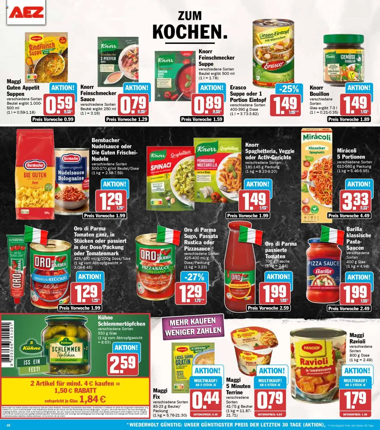 AEZ Prospekt 	 – gültig ab 20.10.2025 | Seite: 10 | Produkte: Mozzarella, Gemüse, Pfeffer, Pizza